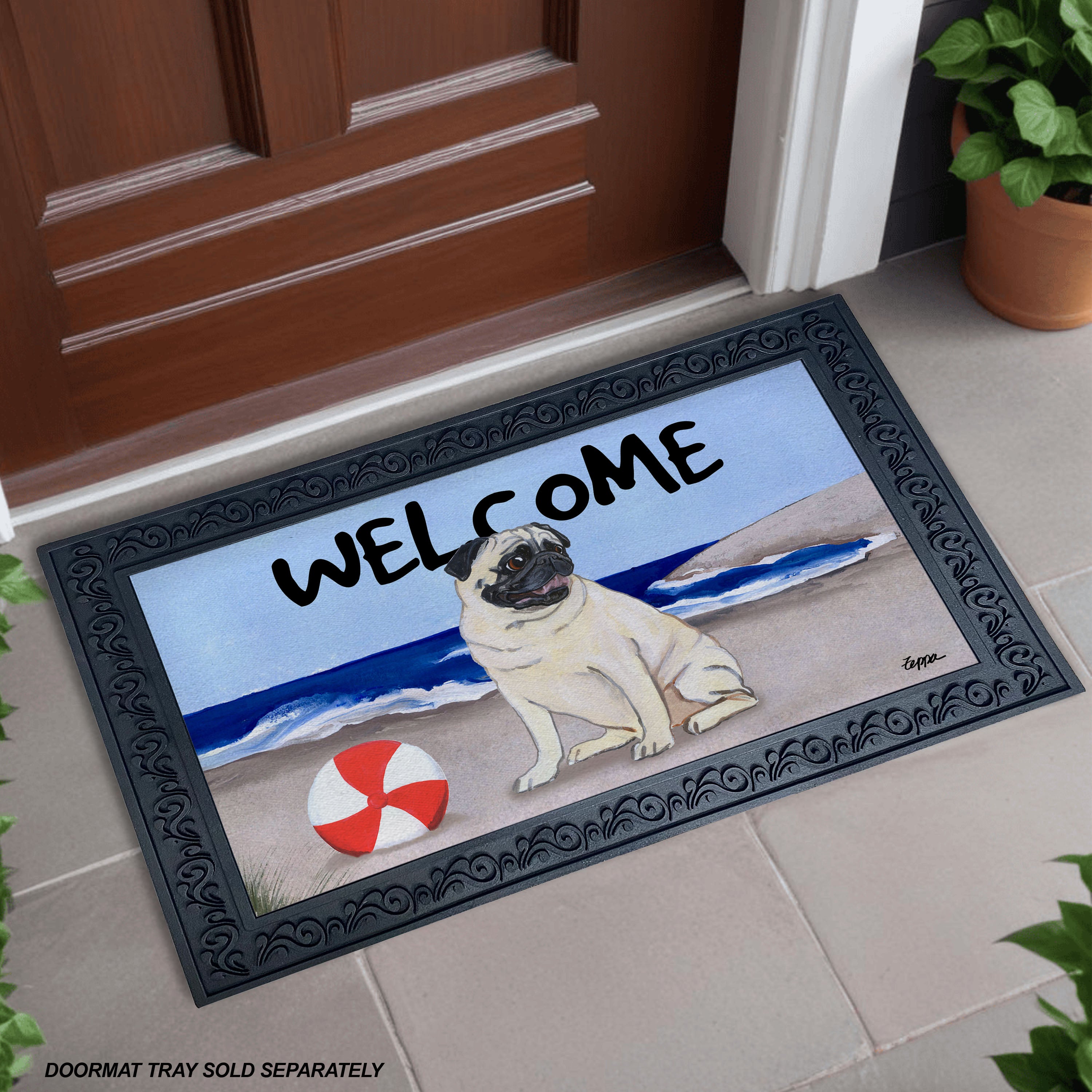 Sitting Pug Beach Scene Welcome Mat