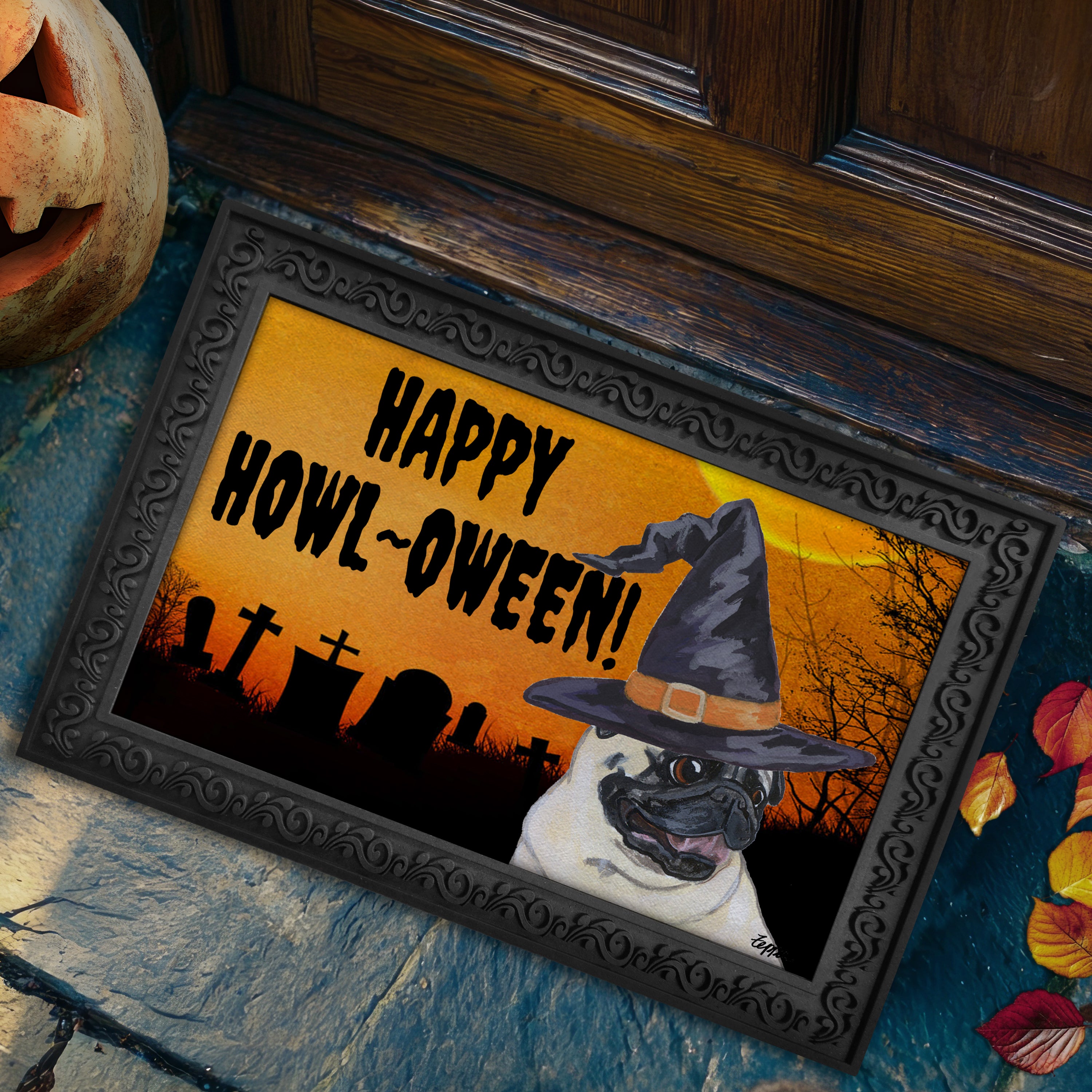 Halloween-themed doormat with a Pug wearing a witch hat and 'Happy Howl-Oween!' text.