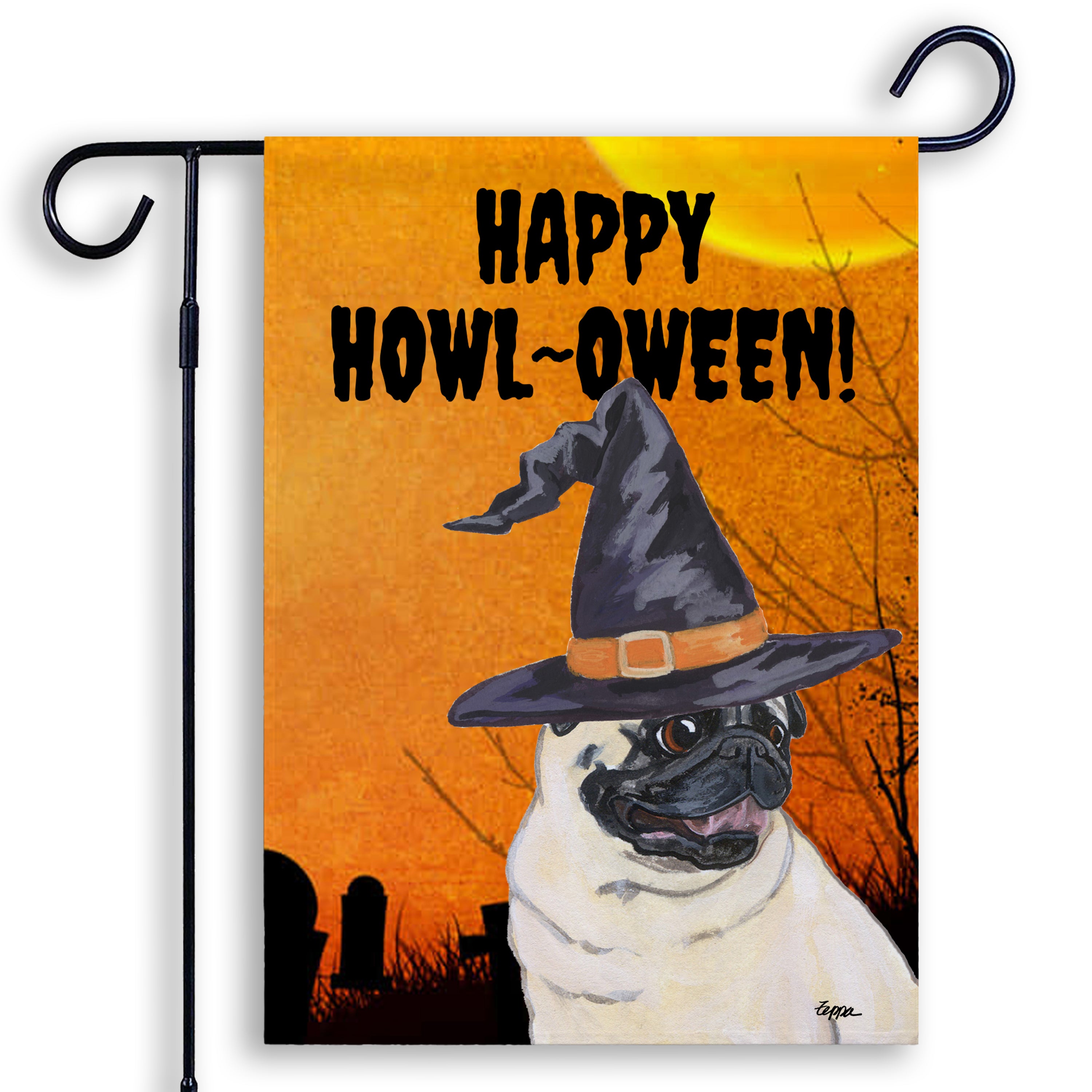 Halloween-themed garden flag with a Pug wearing a witch hat and 'Happy Howl-oween!' text.