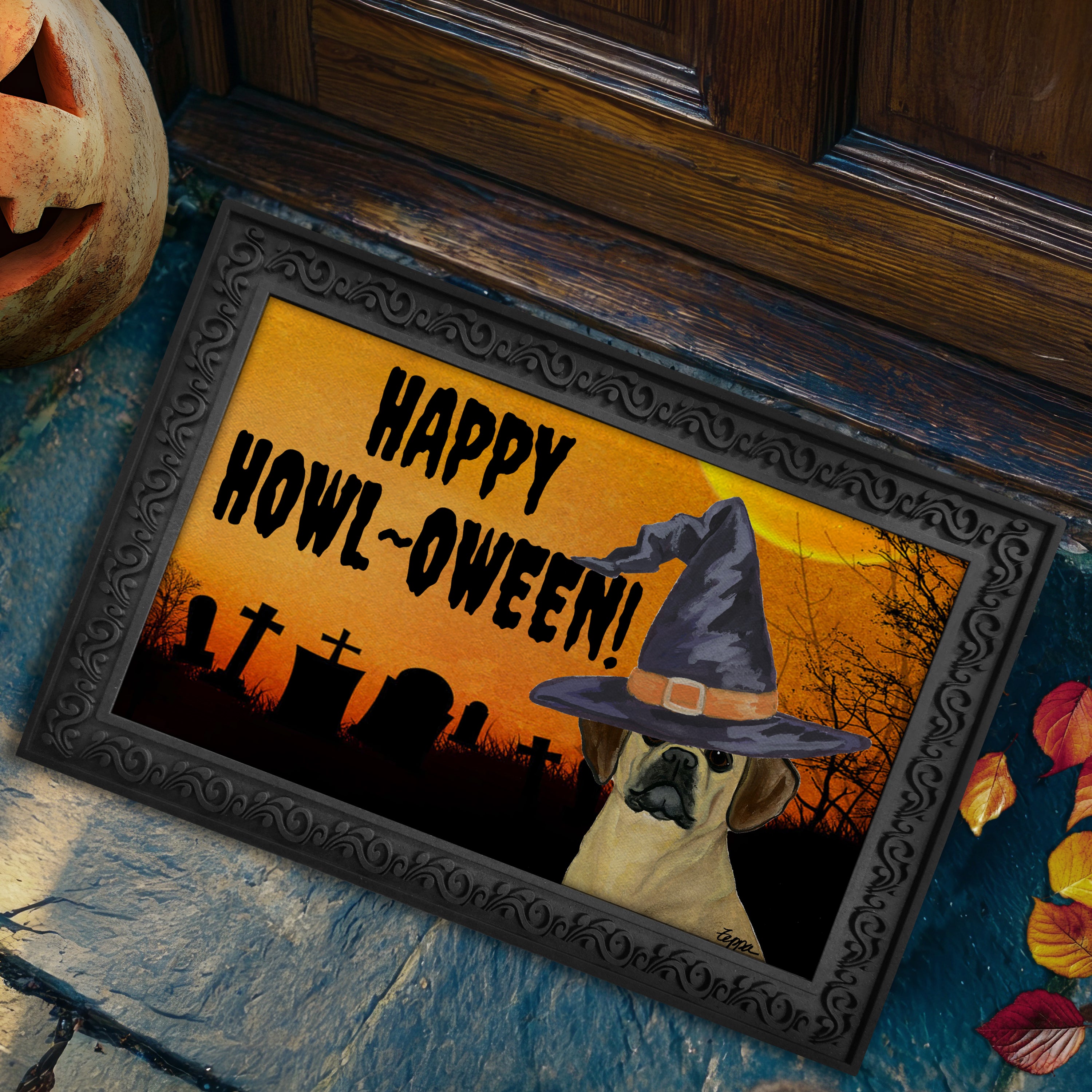 Halloween-themed doormat with a Puggle wearing a witch hat and 'Happy Howl-Oween!' text.