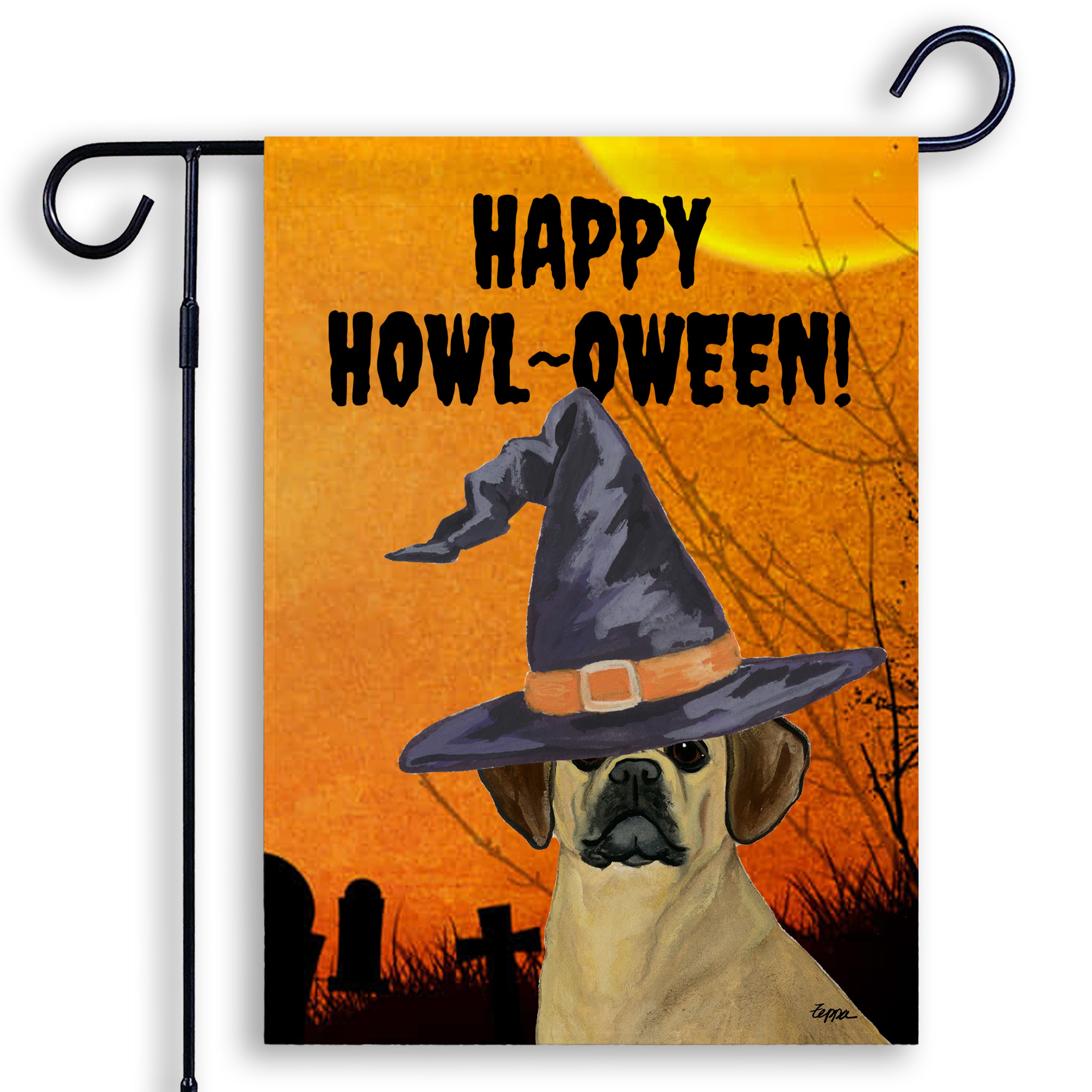 Halloween-themed garden flag with a Puggle wearing a witch hat and 'Happy Howl-Oween!' text on an orange background.