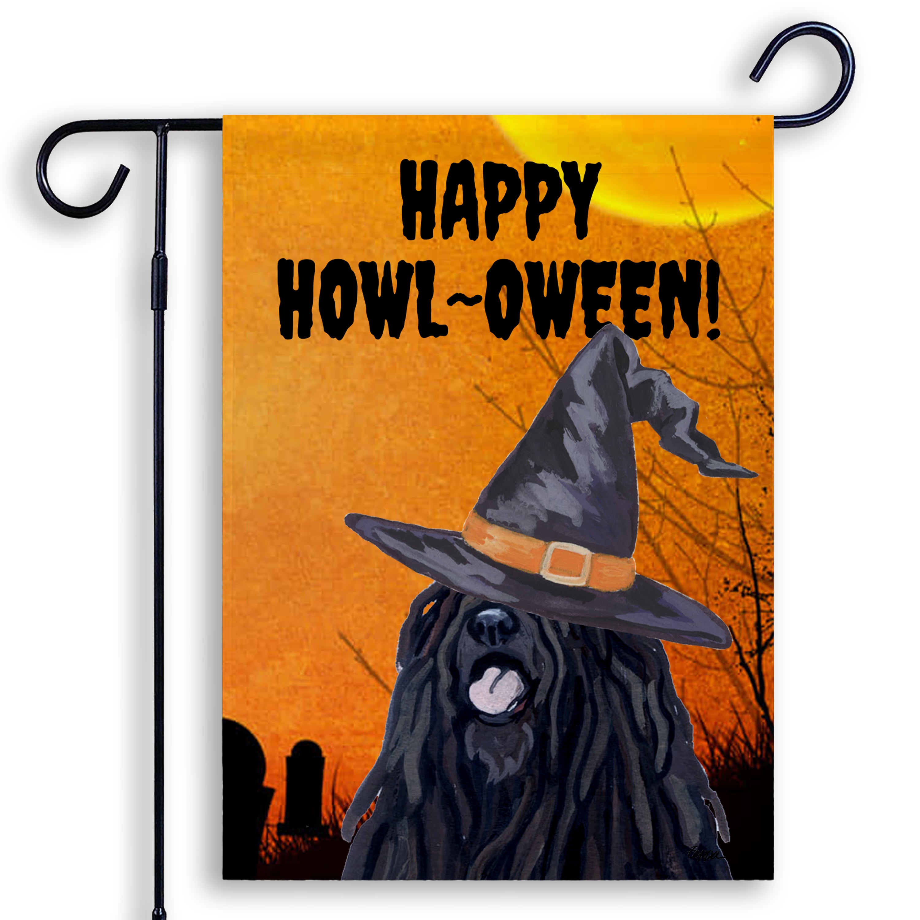 Halloween-themed garden flag with a Puli wearing a witch hat and 'Happy Howl-Oween!' text on an orange background.