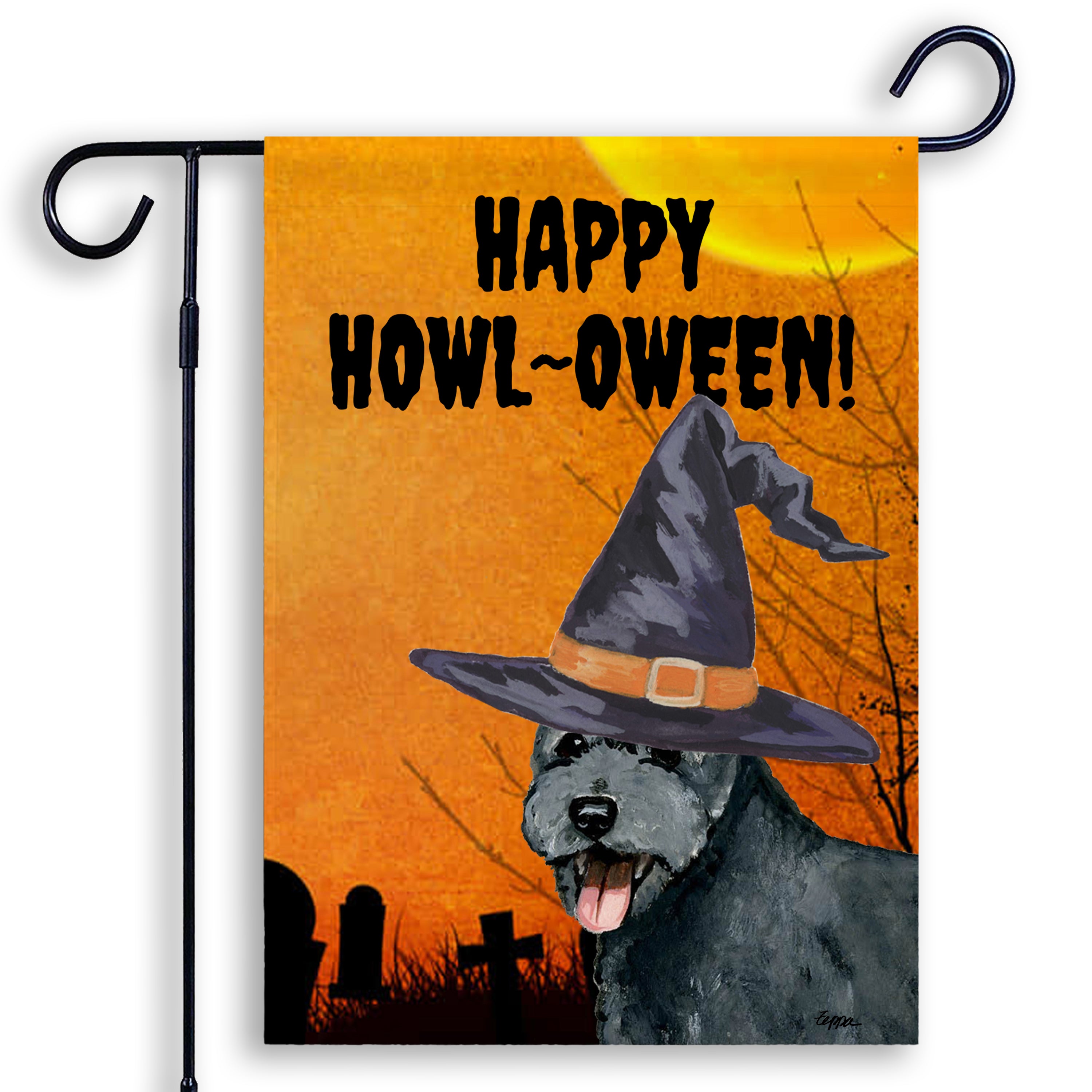 Halloween-themed garden flag with a Pumi wearing a witch hat and 'Happy Howl-Oween!' text.