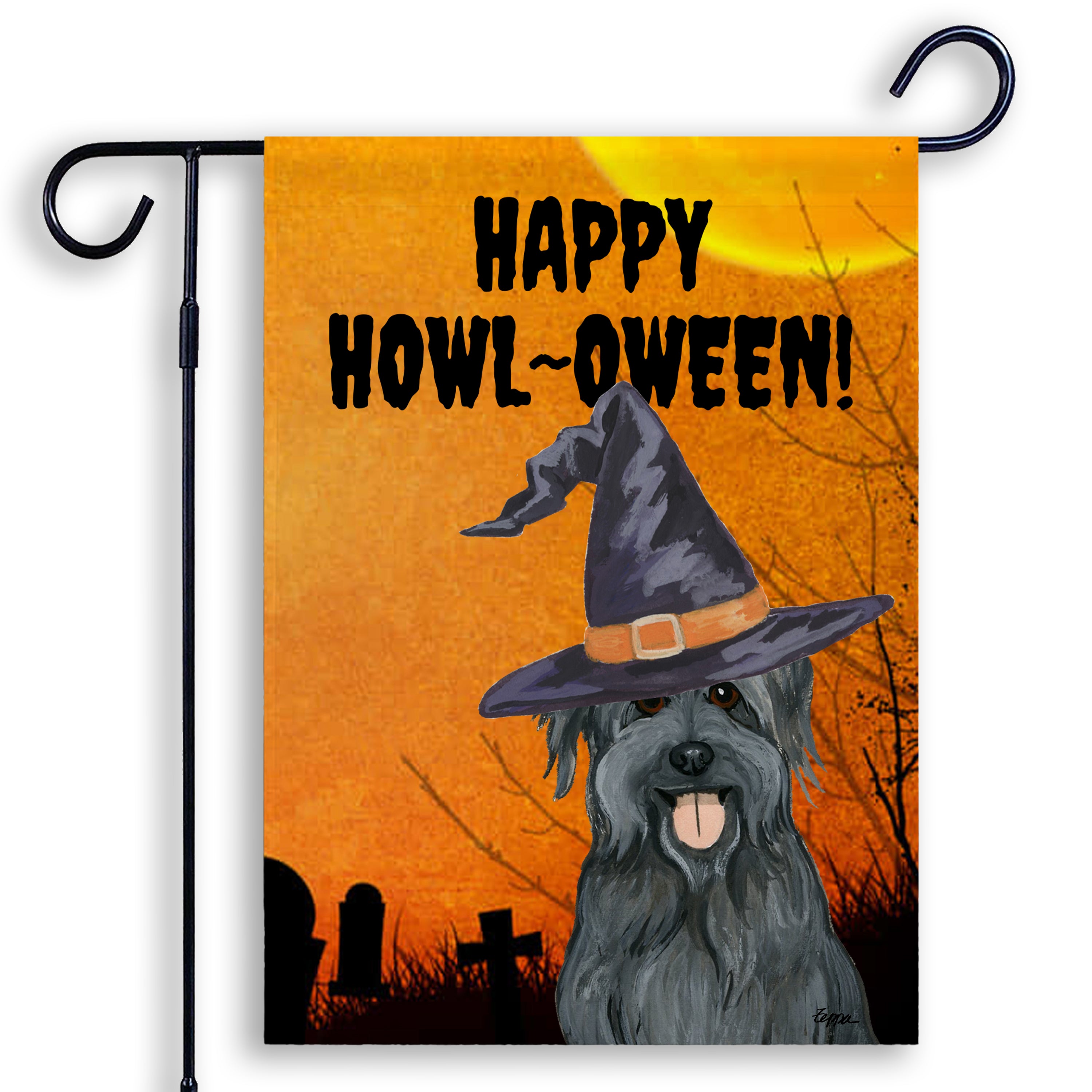 Halloween-themed garden flag with a Pyrenean Shepherd wearing a witch hat and 'Happy Howl-Oween!' text on an orange background.