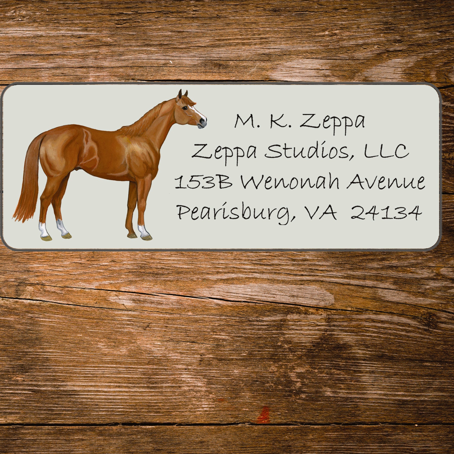 Return address label with an illustration of a Quarter Horse.