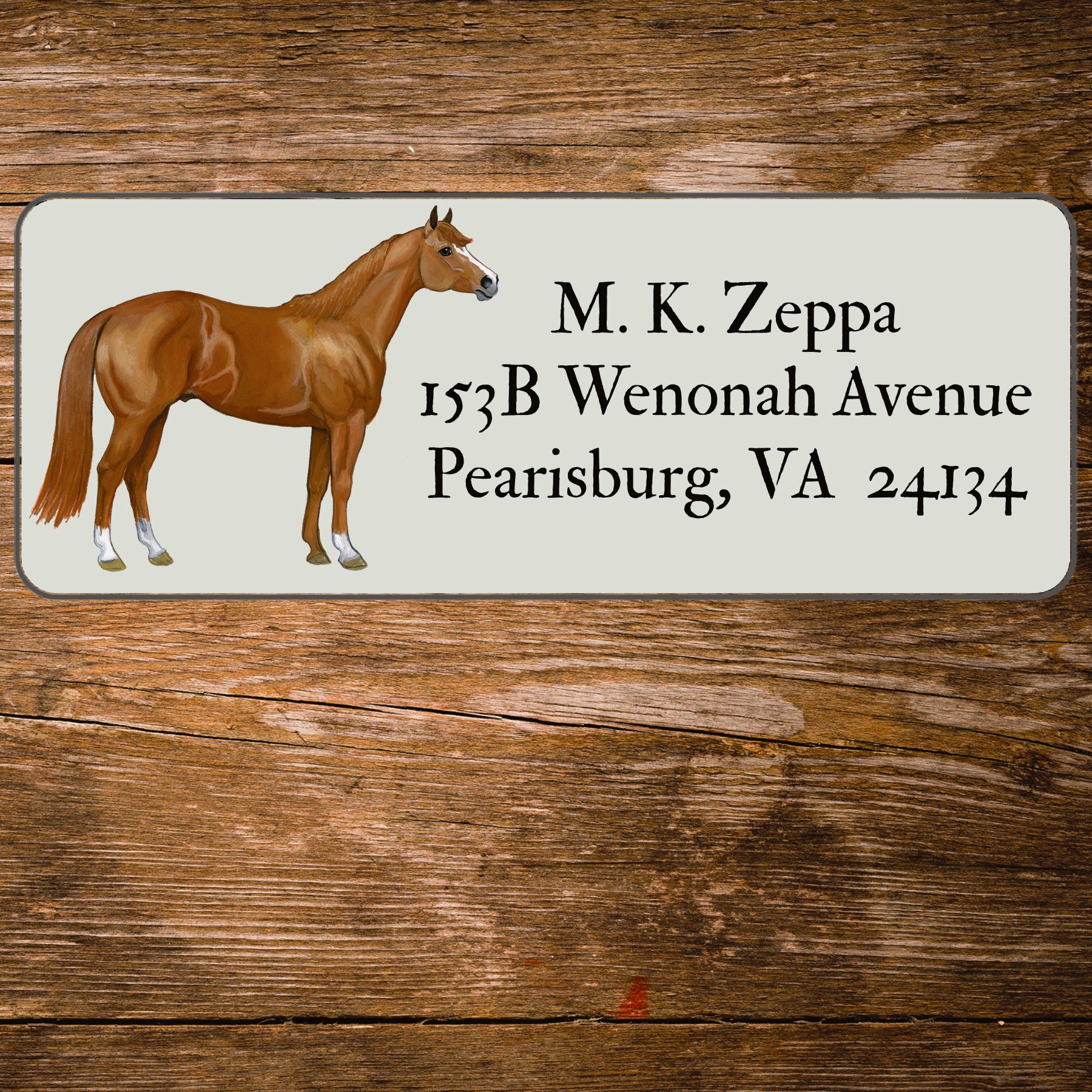Return address label with an illustration of a Quarter Horse.