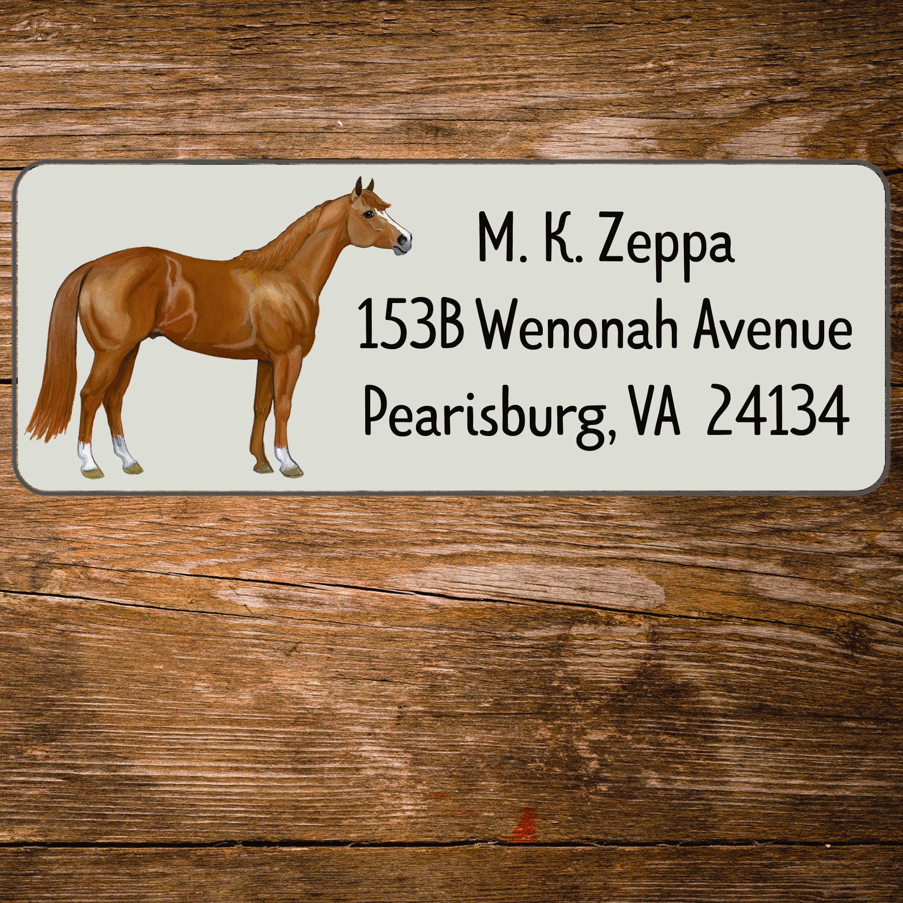 Return address label with an illustration of a Quarter Horse.