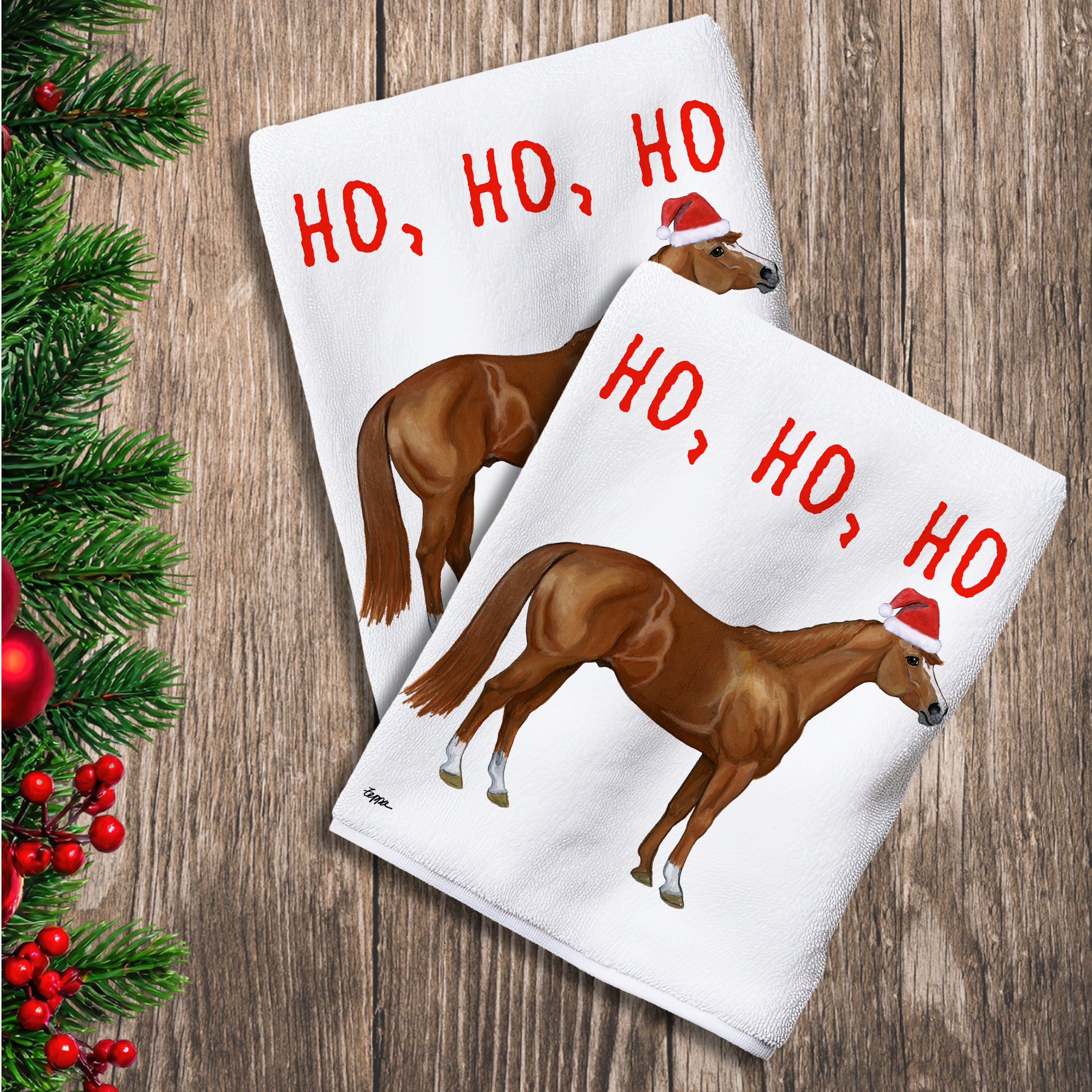 2 Kitchen Towels with a Quarter Horse in a Santa Hat and Ho Ho Ho text.

