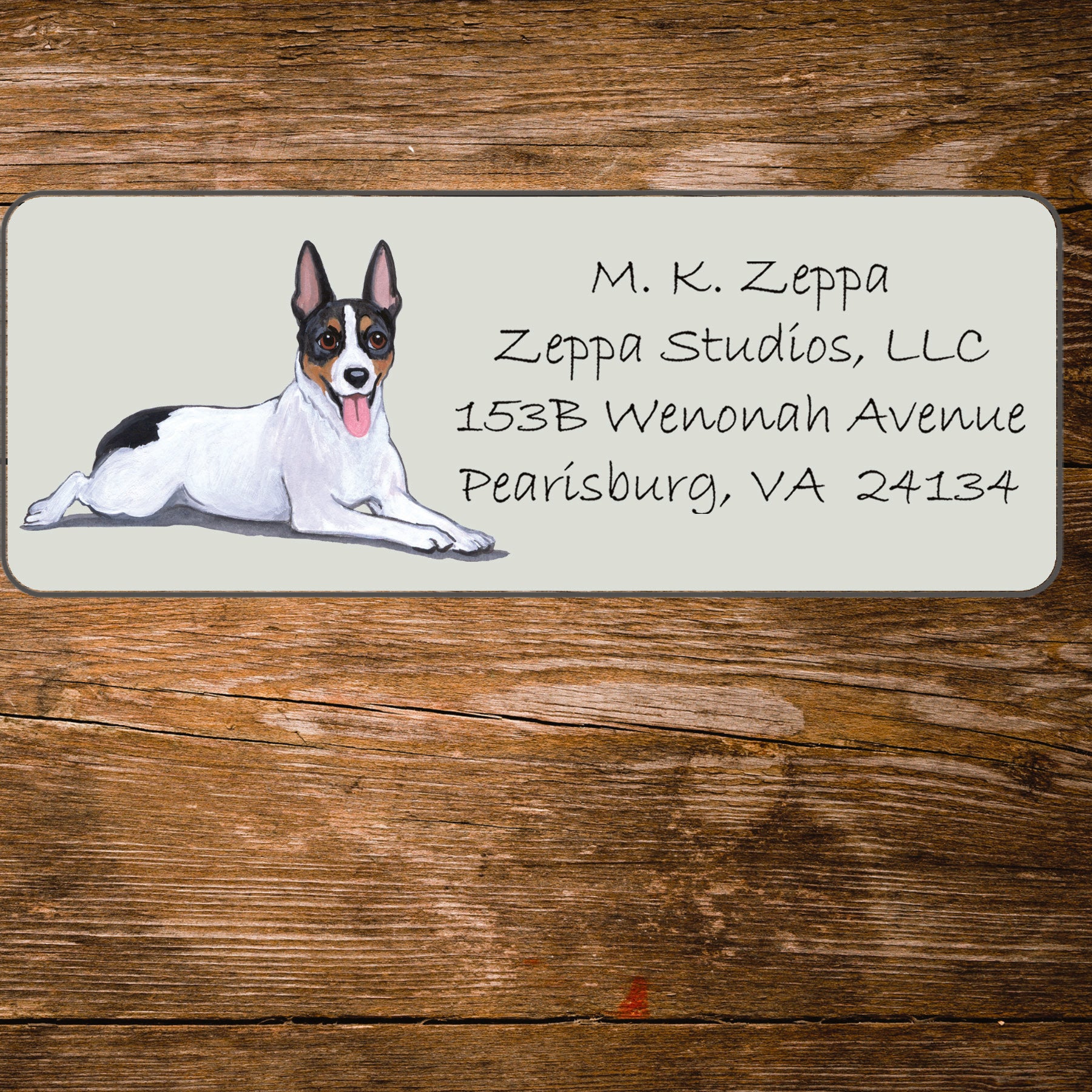 Return address label with a Rat Terrier illustration.