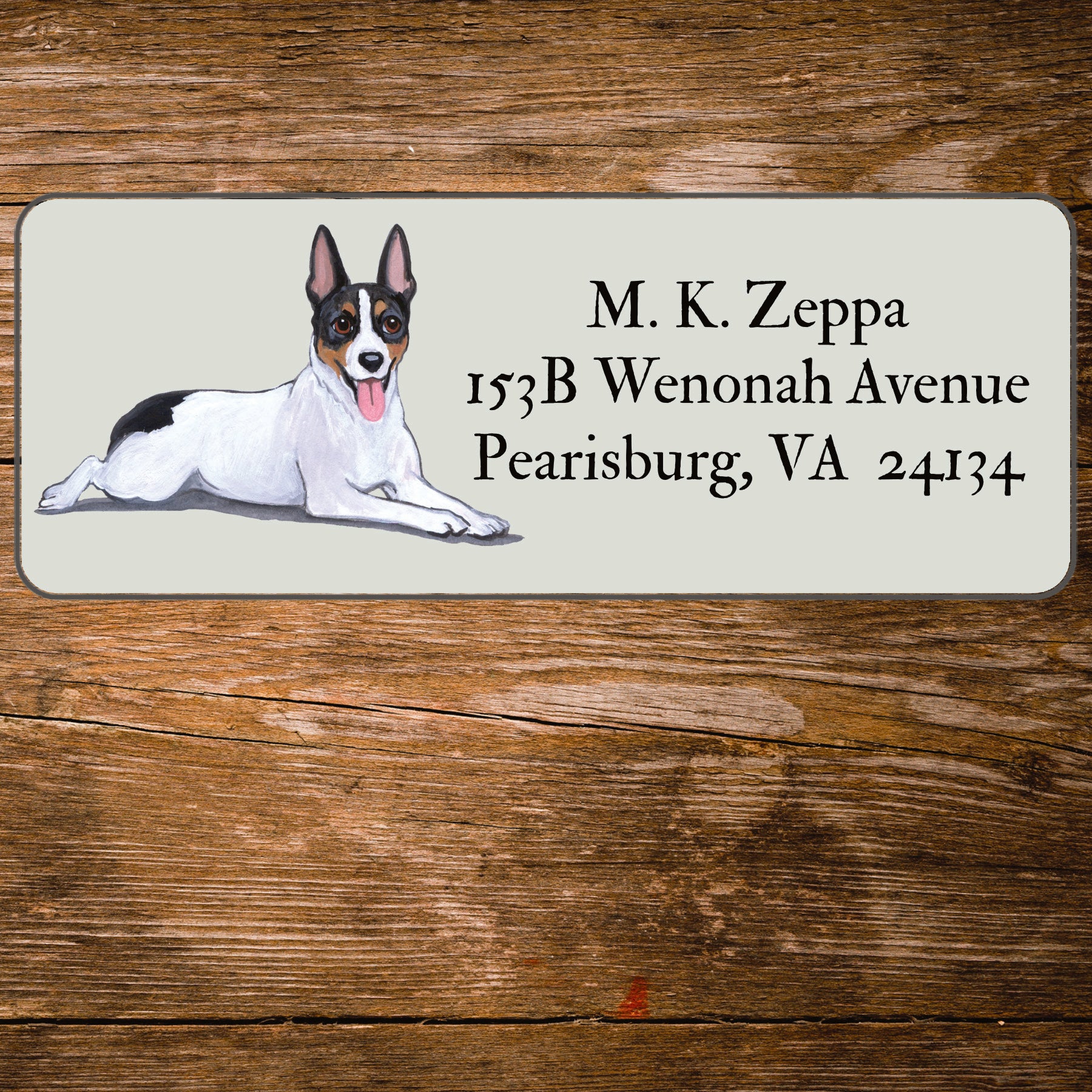 Return address label with a Rat Terrier illustration.