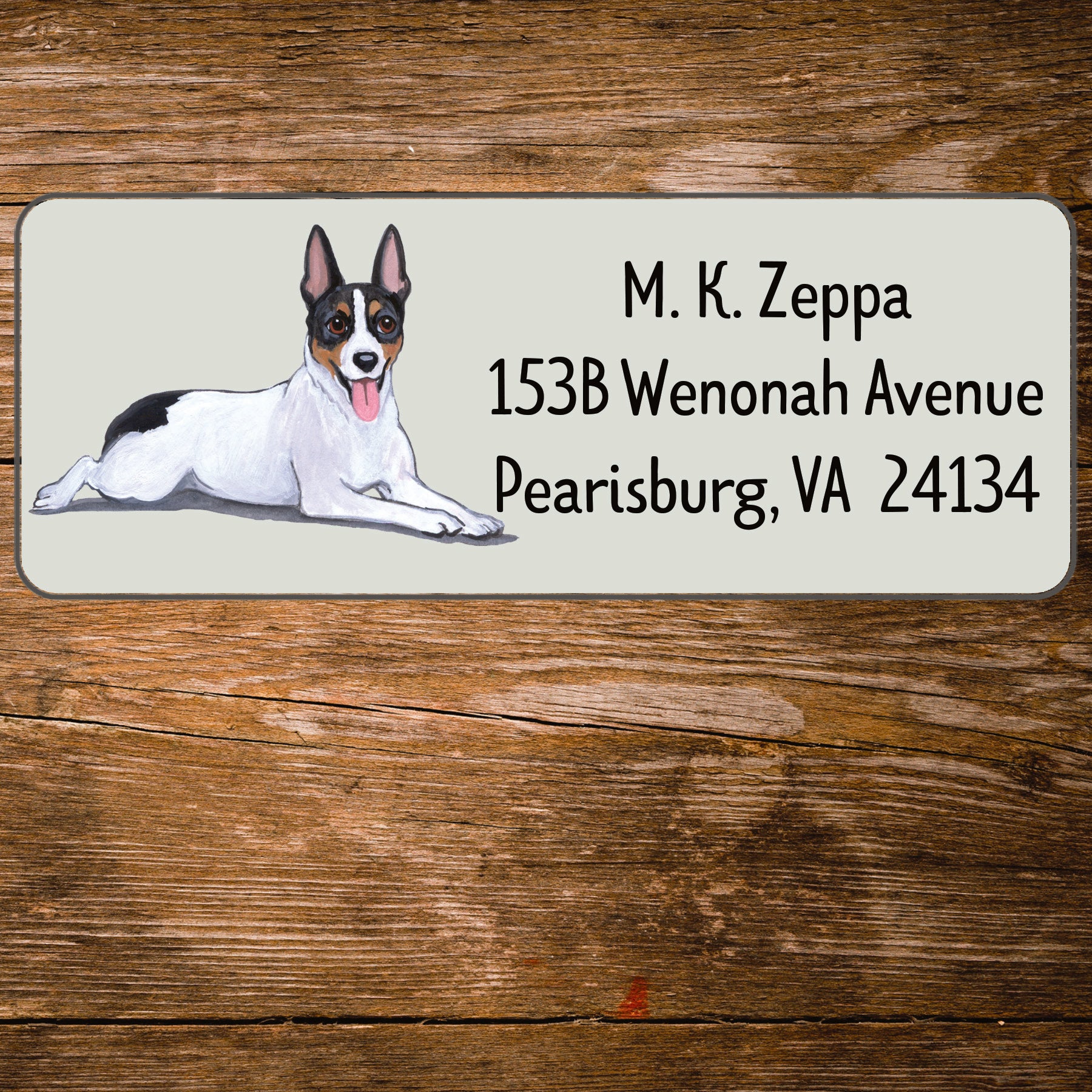 Return address label with a Rat Terrier illustration.