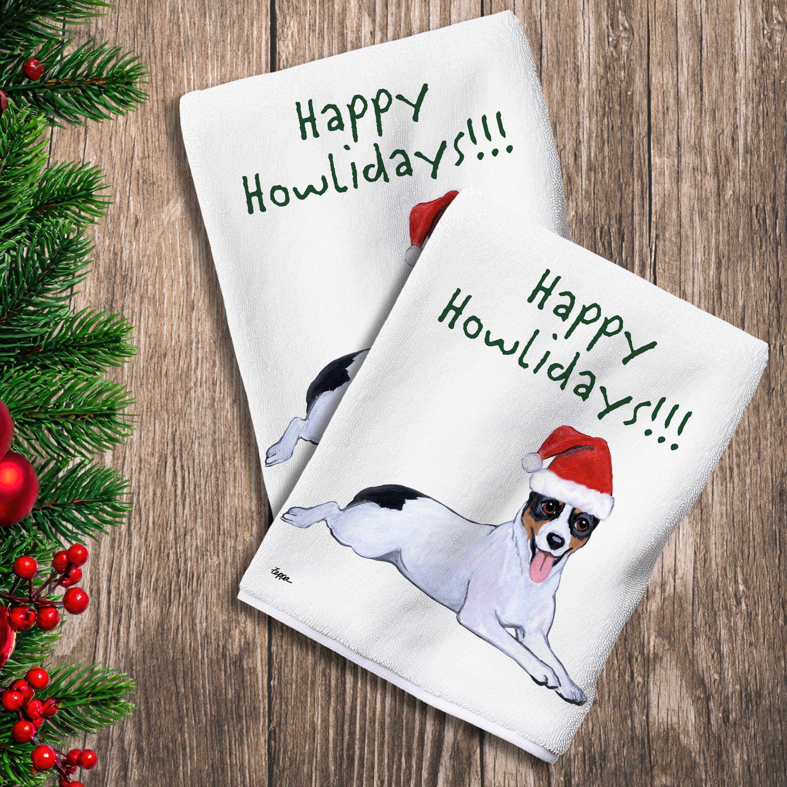 2 Kitchen Towels with a Rat Terrier in a Santa Hat and Happy Howlidays text.
