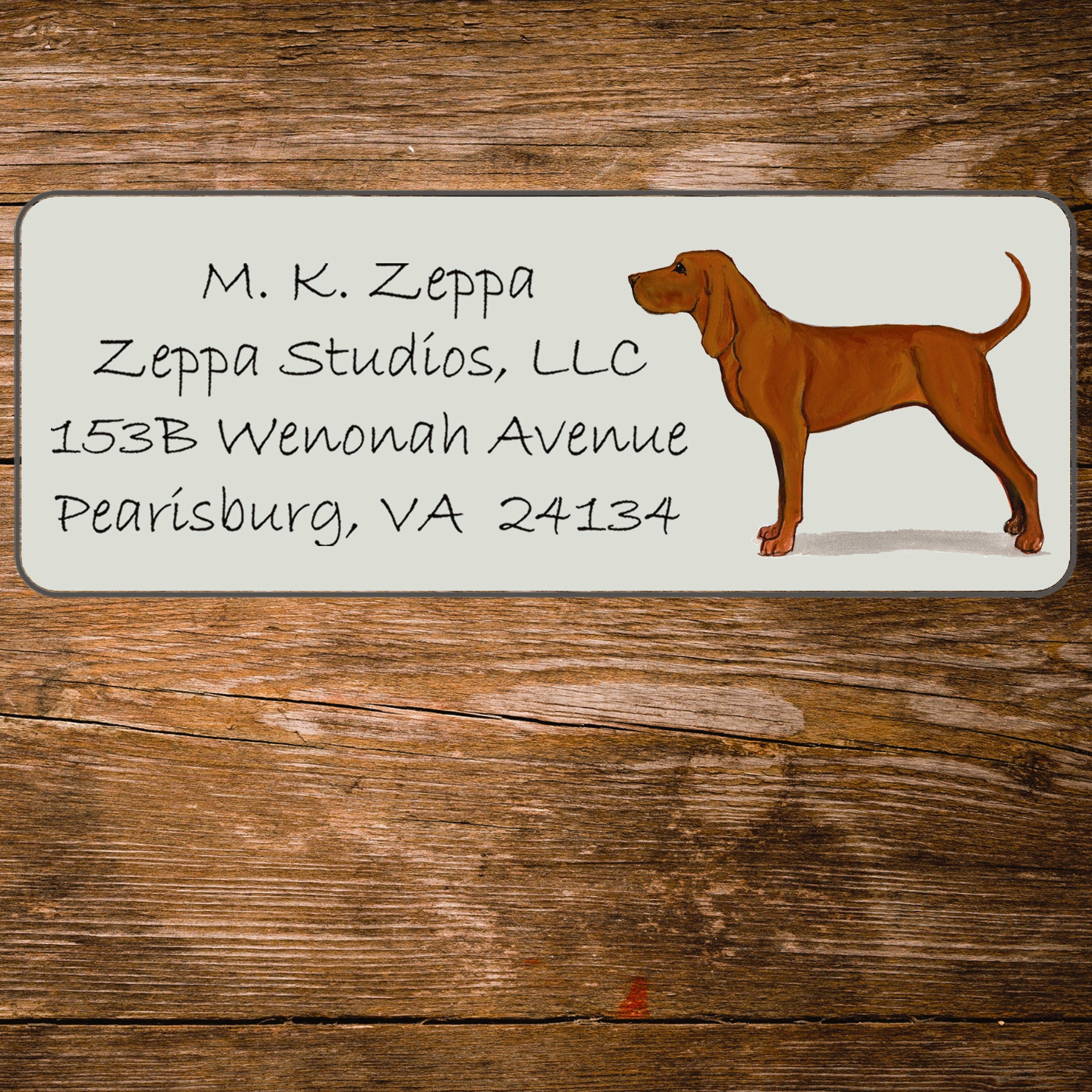 Return address label with a Redbone Coonhound illustration.