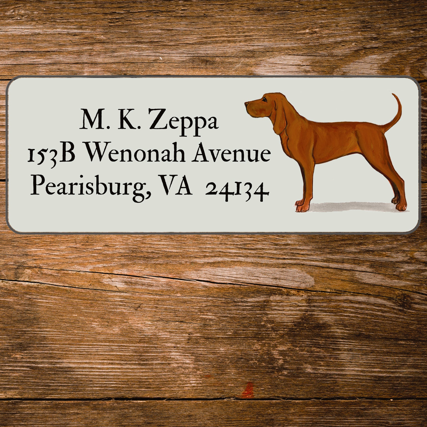 Return address label with a Redbone Coonhound illustration.