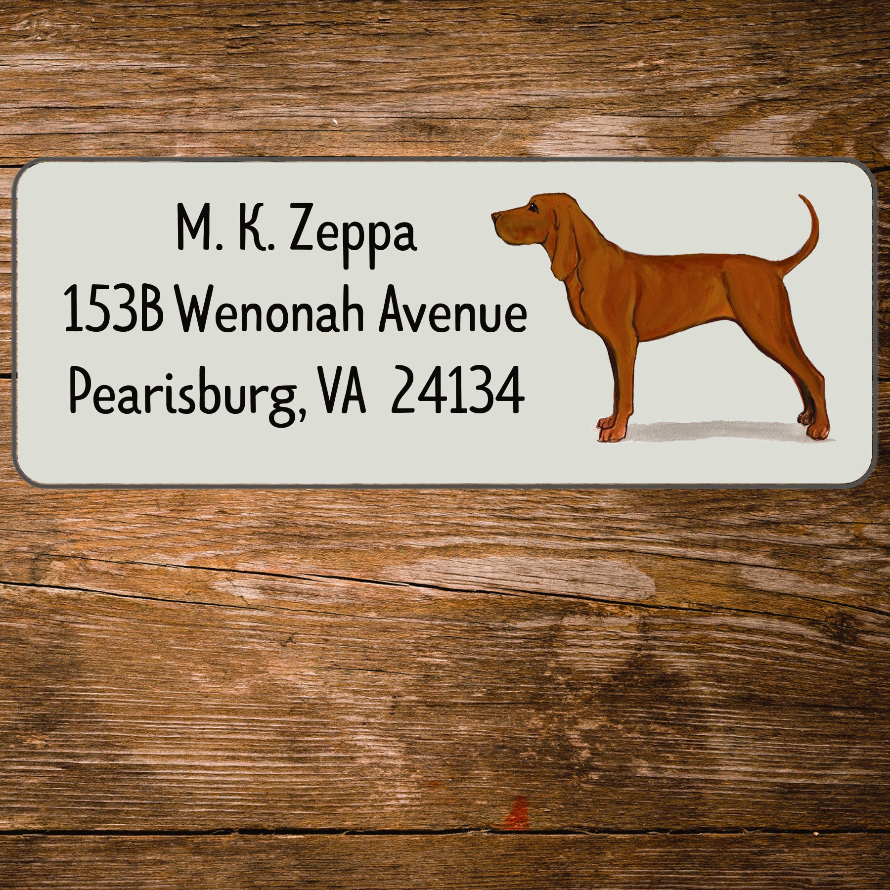Return address label with a Redbone Coonhound illustration.