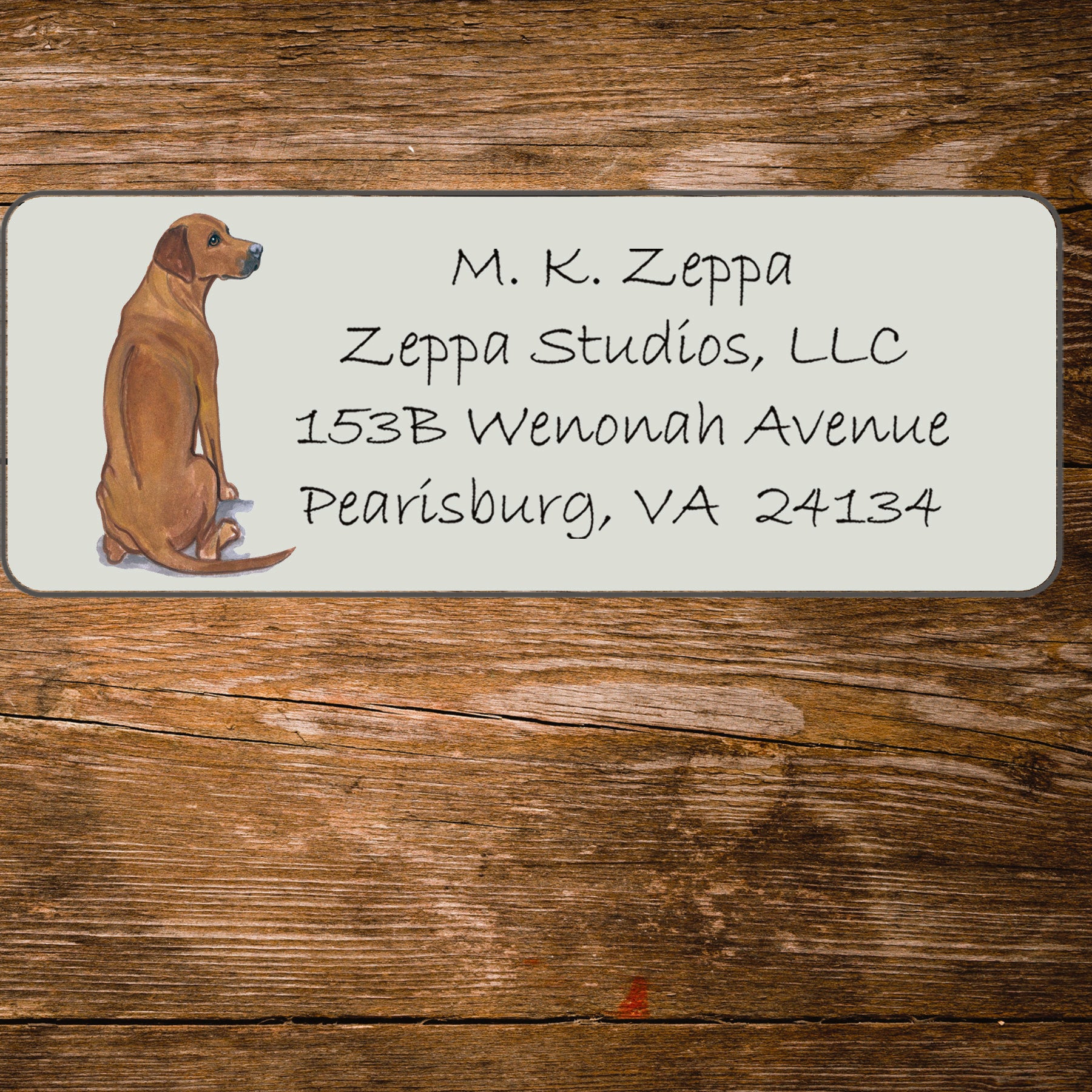 Return address label with a Rhodesian Ridgeback illustration.