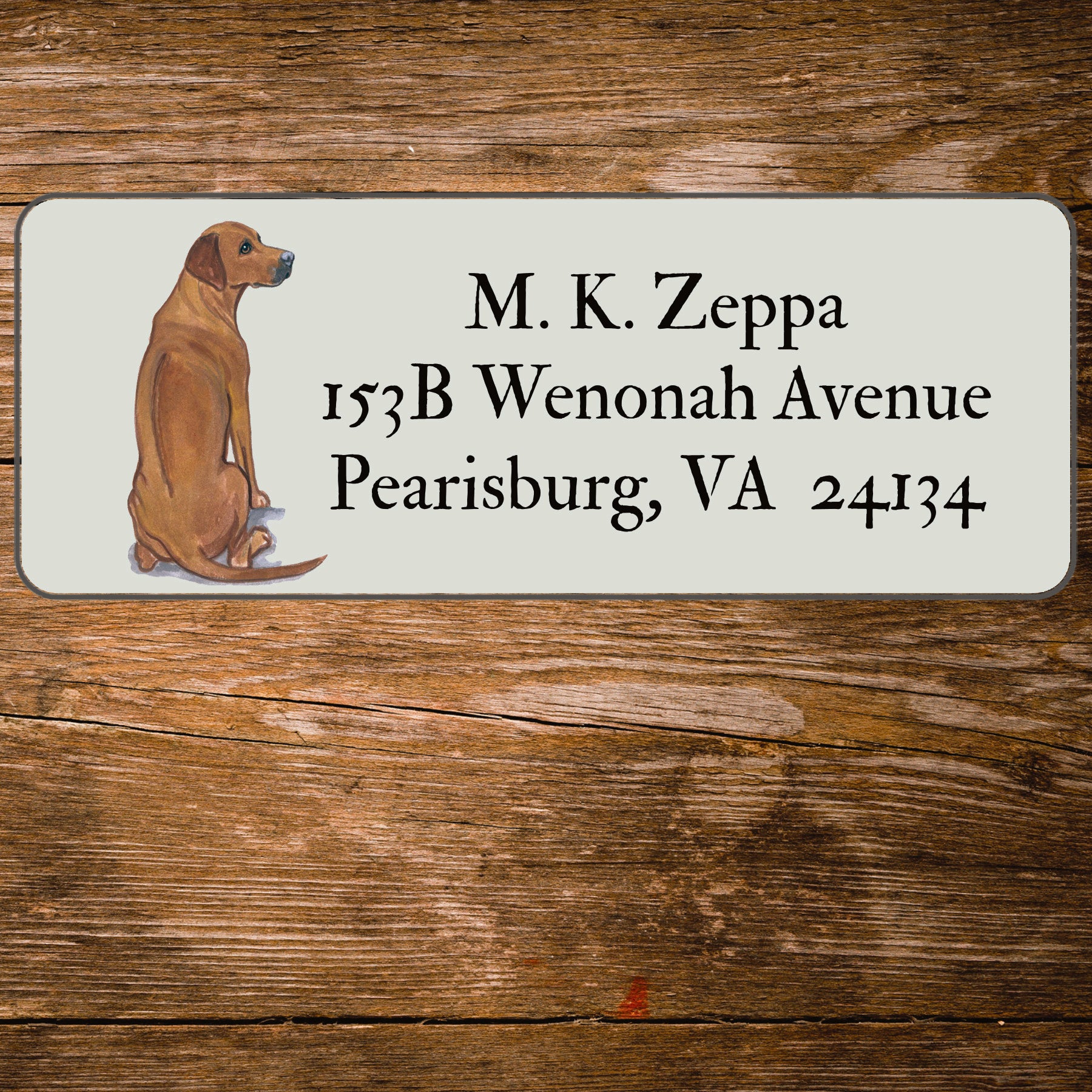 Return address label with a Rhodesian Ridgeback illustration.