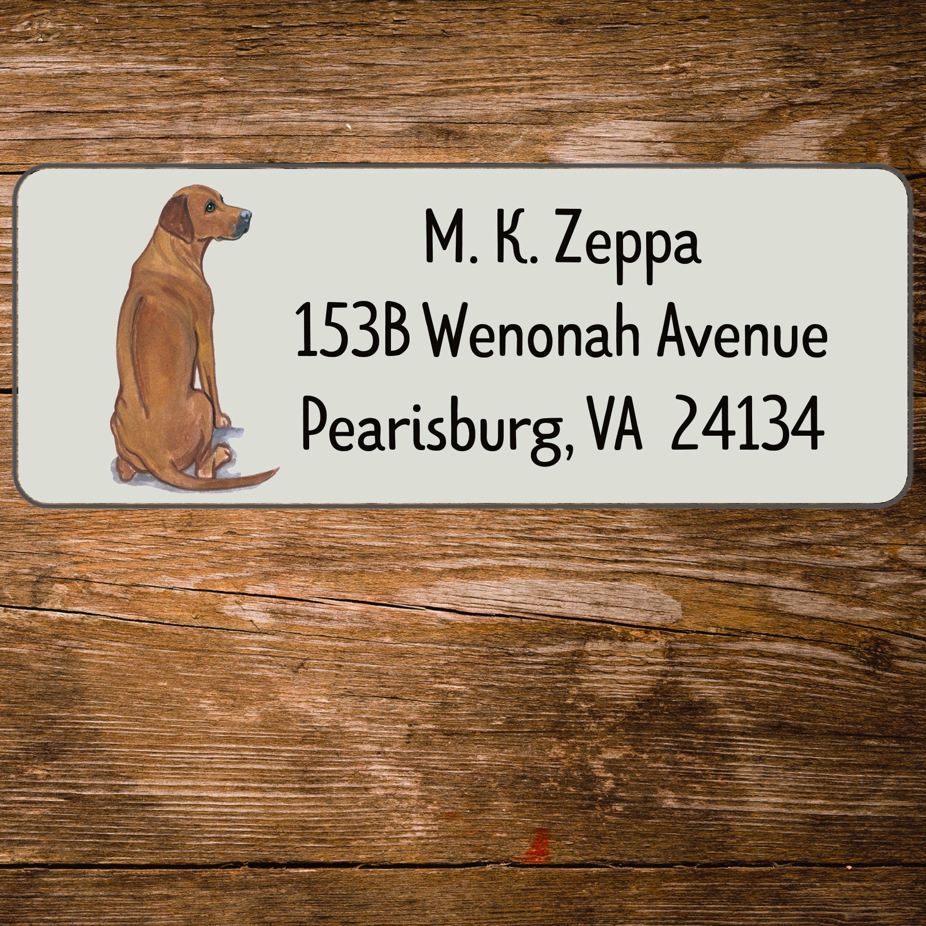 Return address label with a Rhodesian Ridgeback illustration.