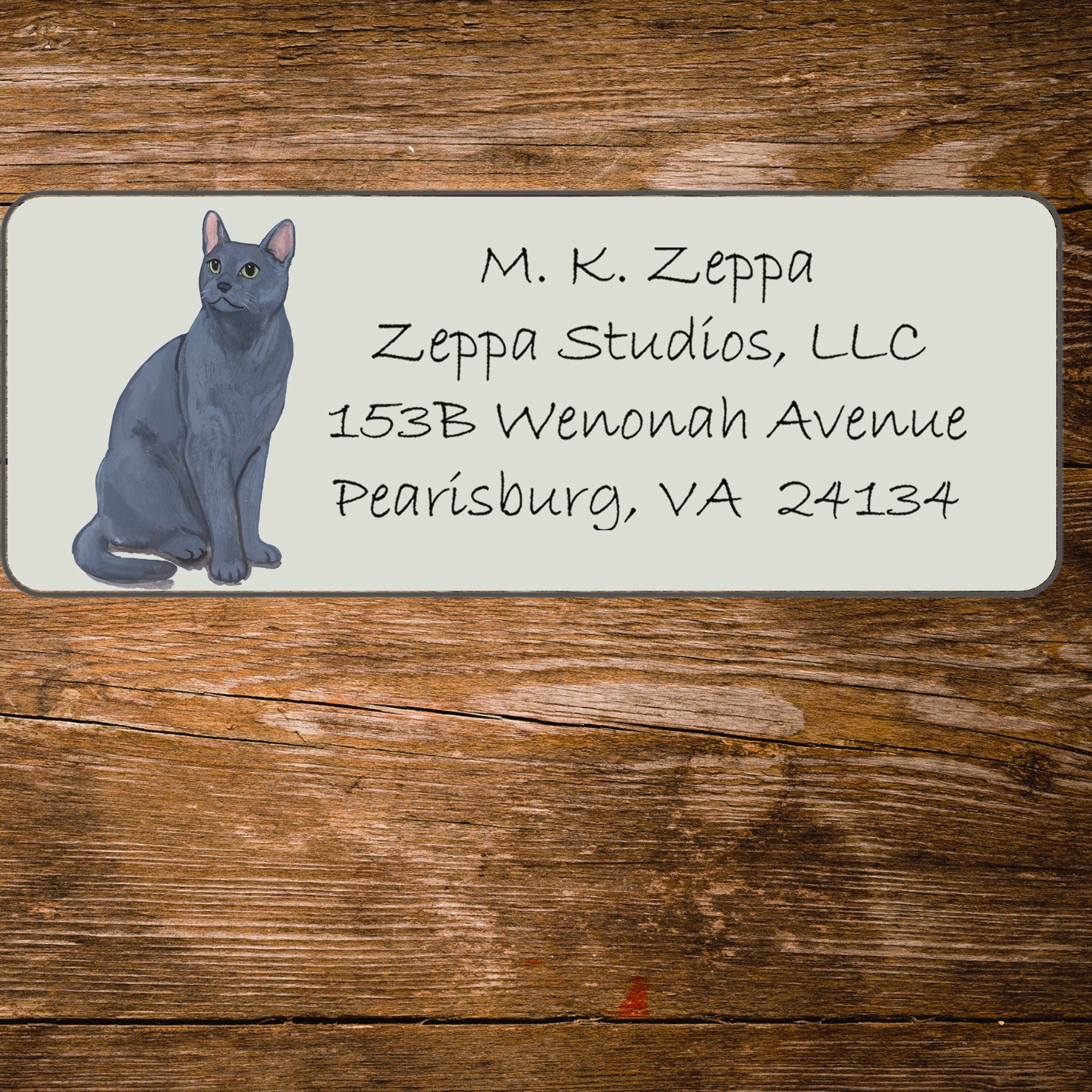 Return address label with a Russian Blue Cat illustration.