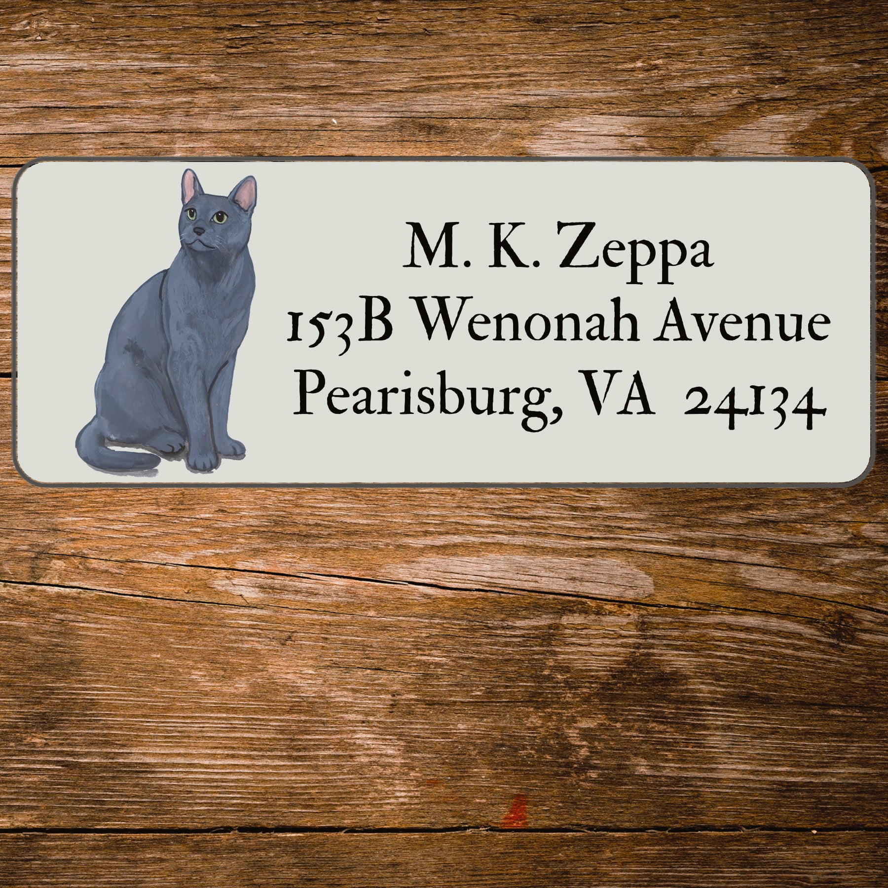 Return address label with a Russian Blue Cat illustration.