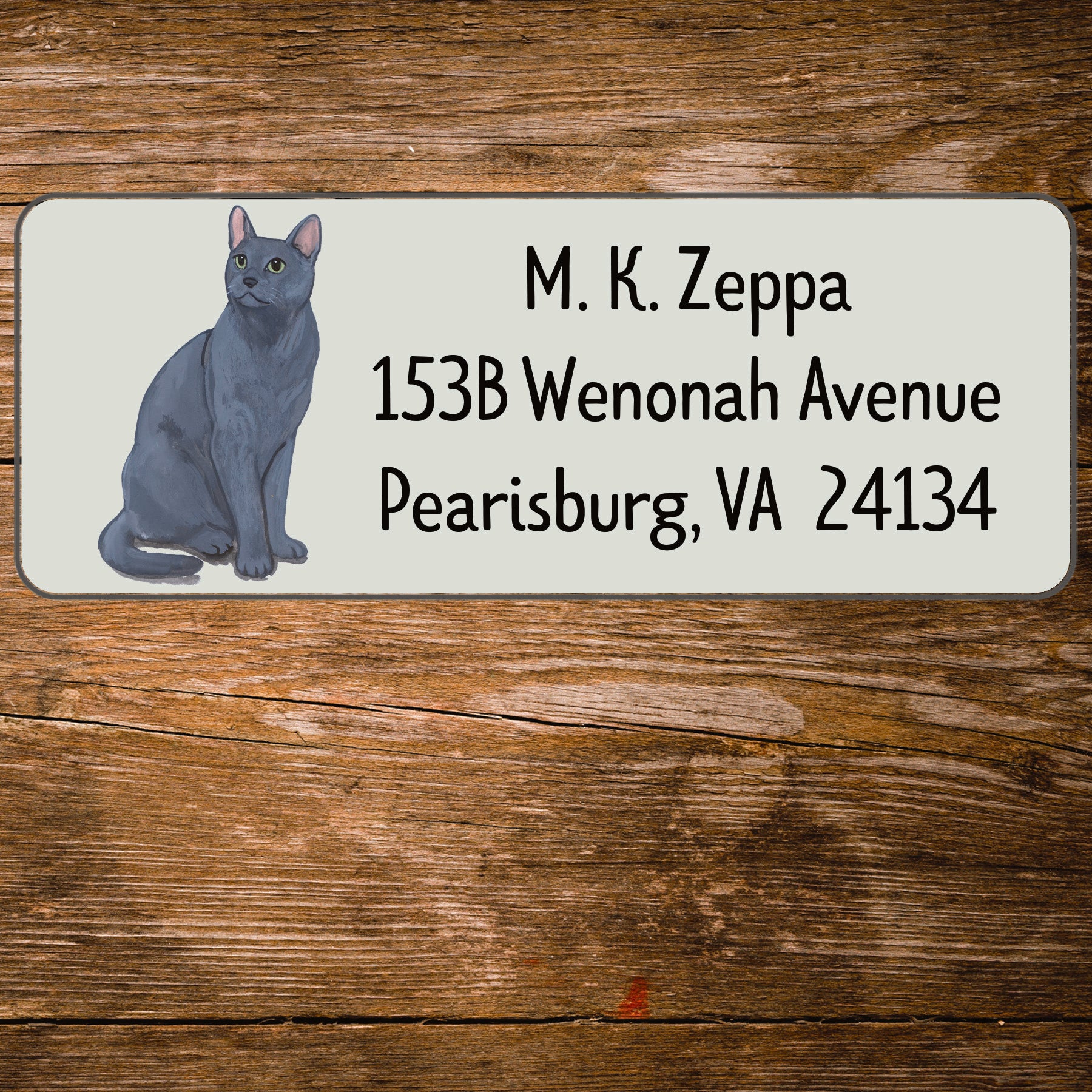 Return address label with a Russian Blue Cat illustration.
