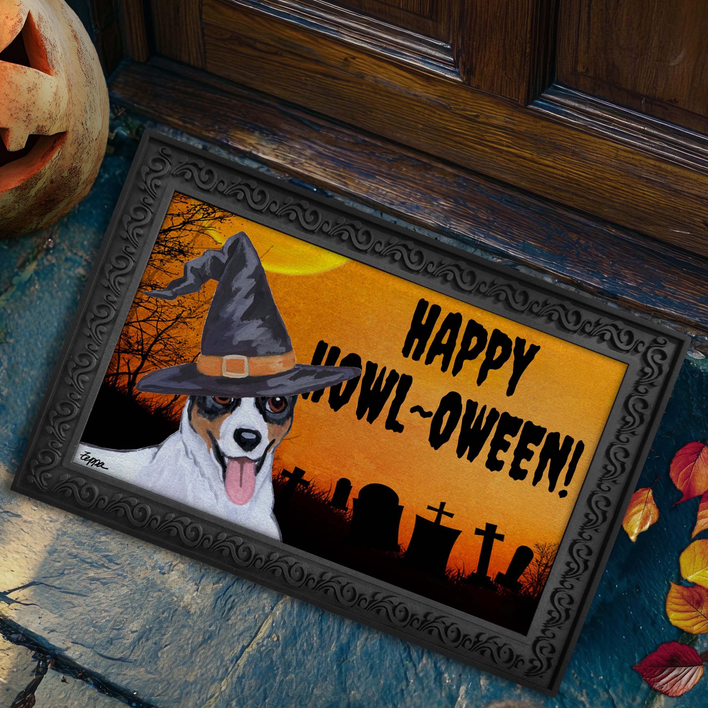 Halloween-themed doormat with a Rat Terrier wearing a witch hat and 'Happy Howl-Oween!' text.