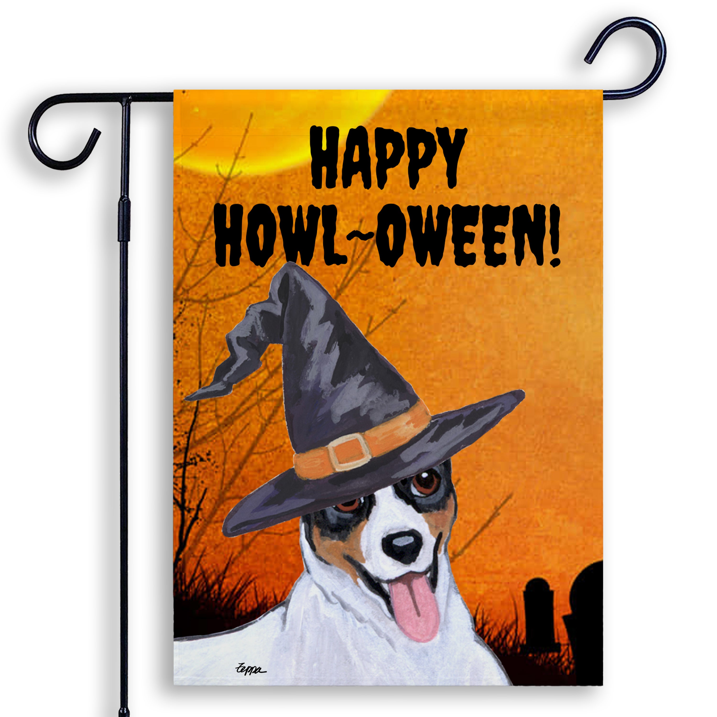 Halloween-themed garden flag with a Rat Terrier wearing a witch hat and 'Happy Howl-Oween!' text on an orange background.