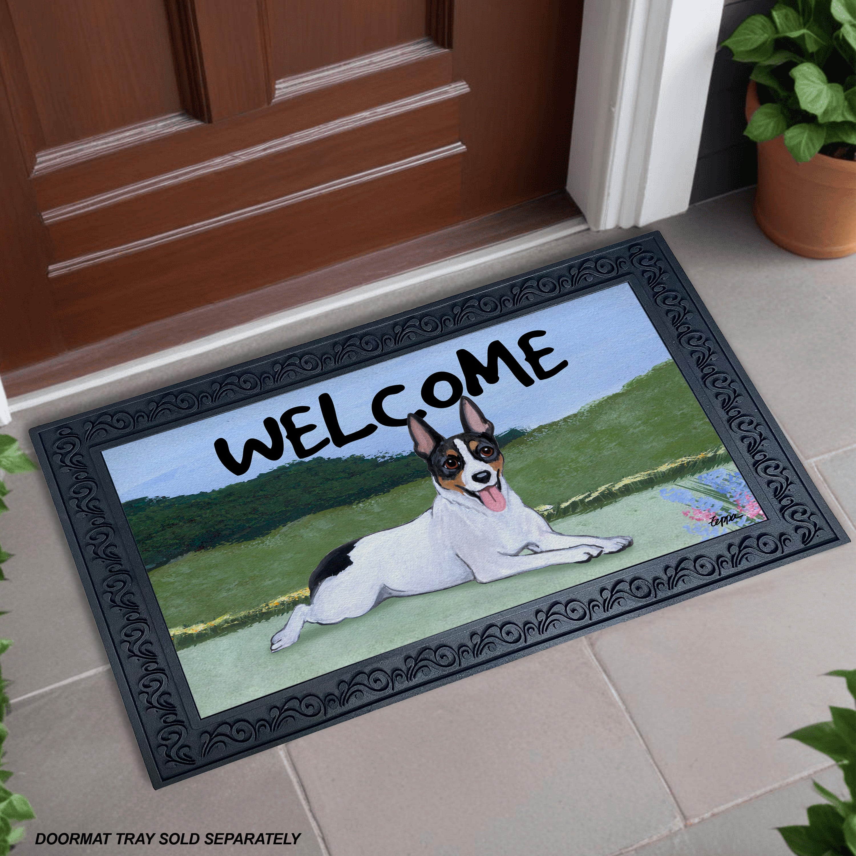 Rat Terrier Yard Scene Welcome Mat