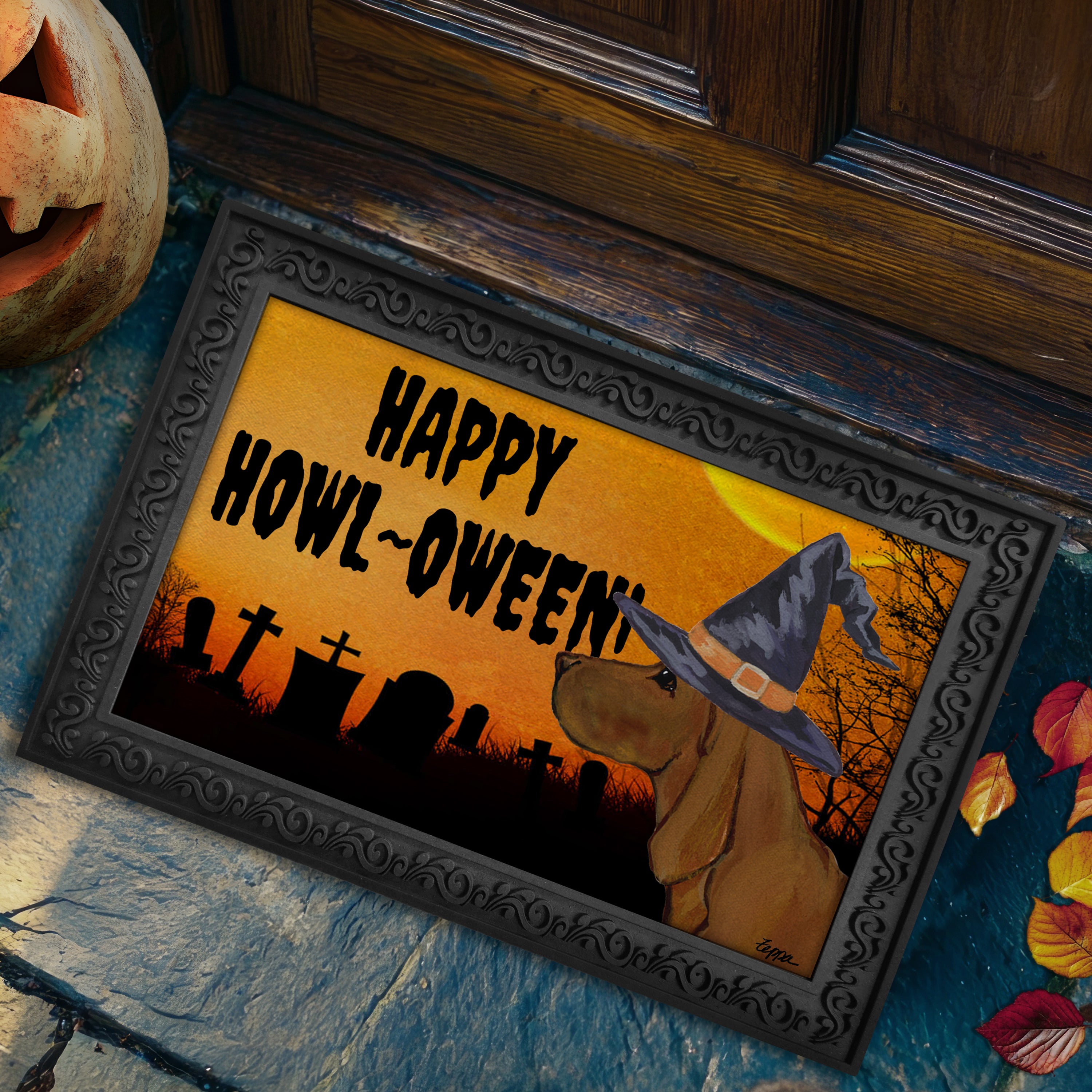 Halloween-themed doormat with a Redbone Coonhound wearing a witch hat and 'Happy Howl-Oween!' text.