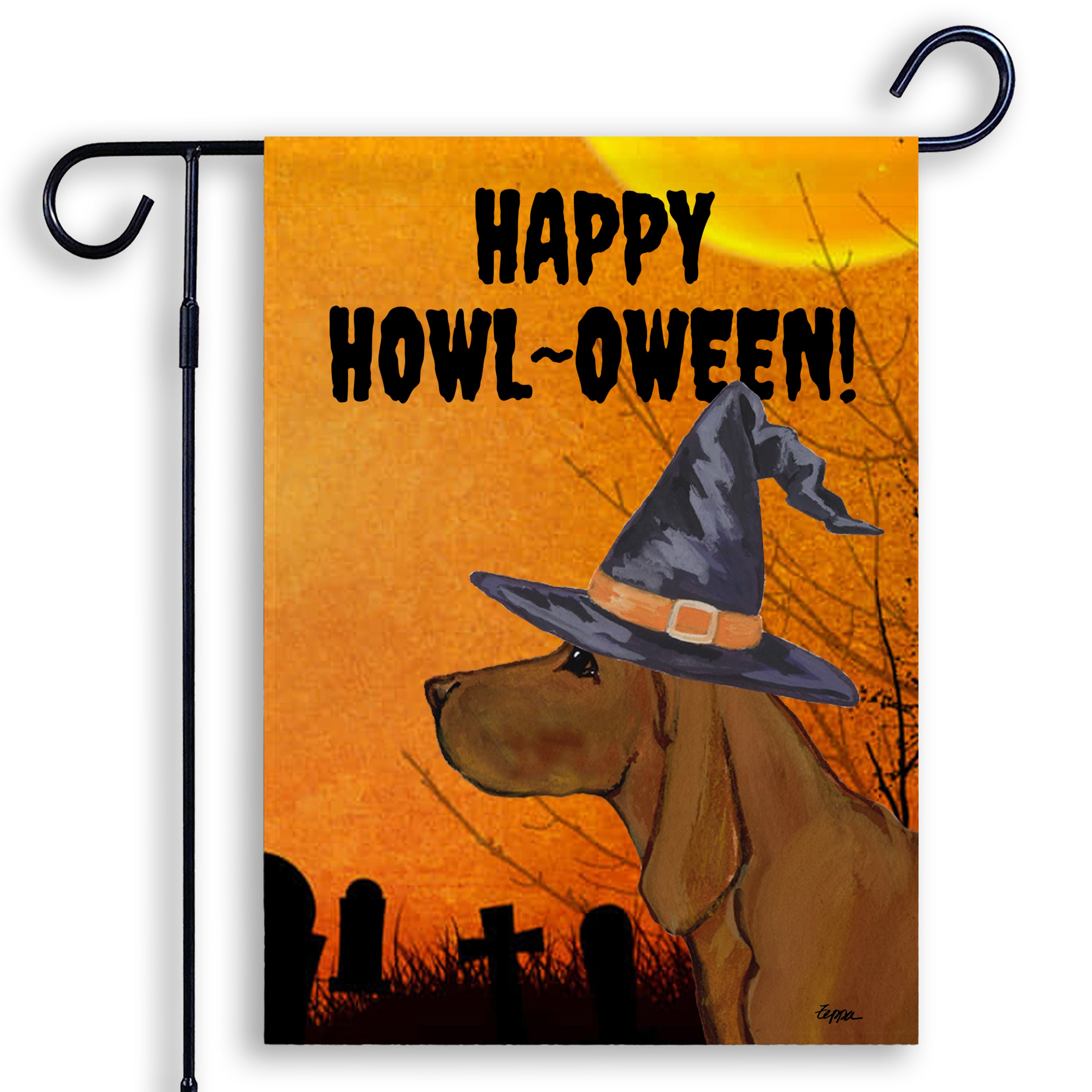 Halloween-themed garden flag with a Redbone Coonhound wearing a witch hat and 'Happy Howl-Oween!' text on an orange background.
