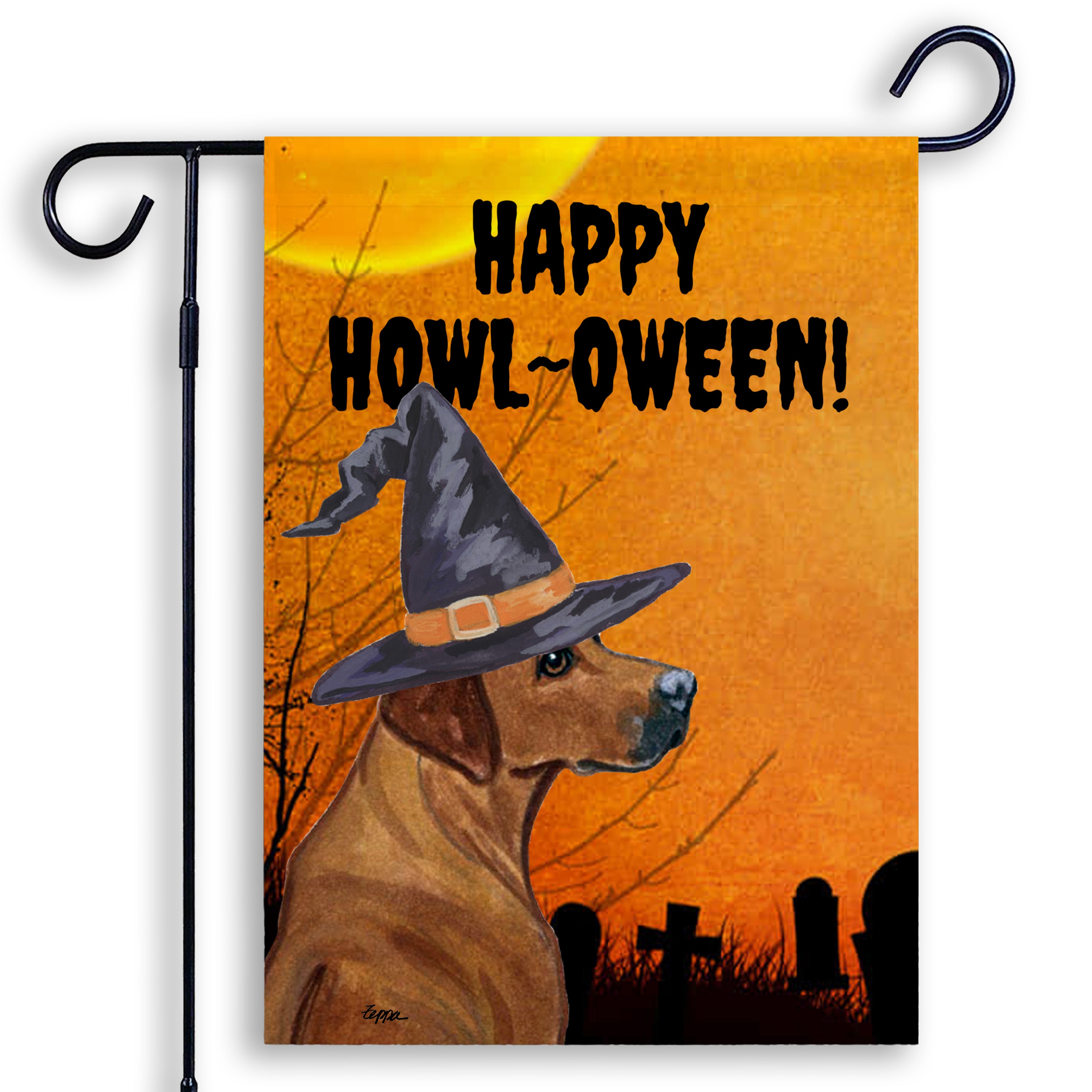 Halloween-themed garden flag with a Rhodesian Ridgeback wearing a witch hat and 'Happy Howl-Oween!' text on an orange background.