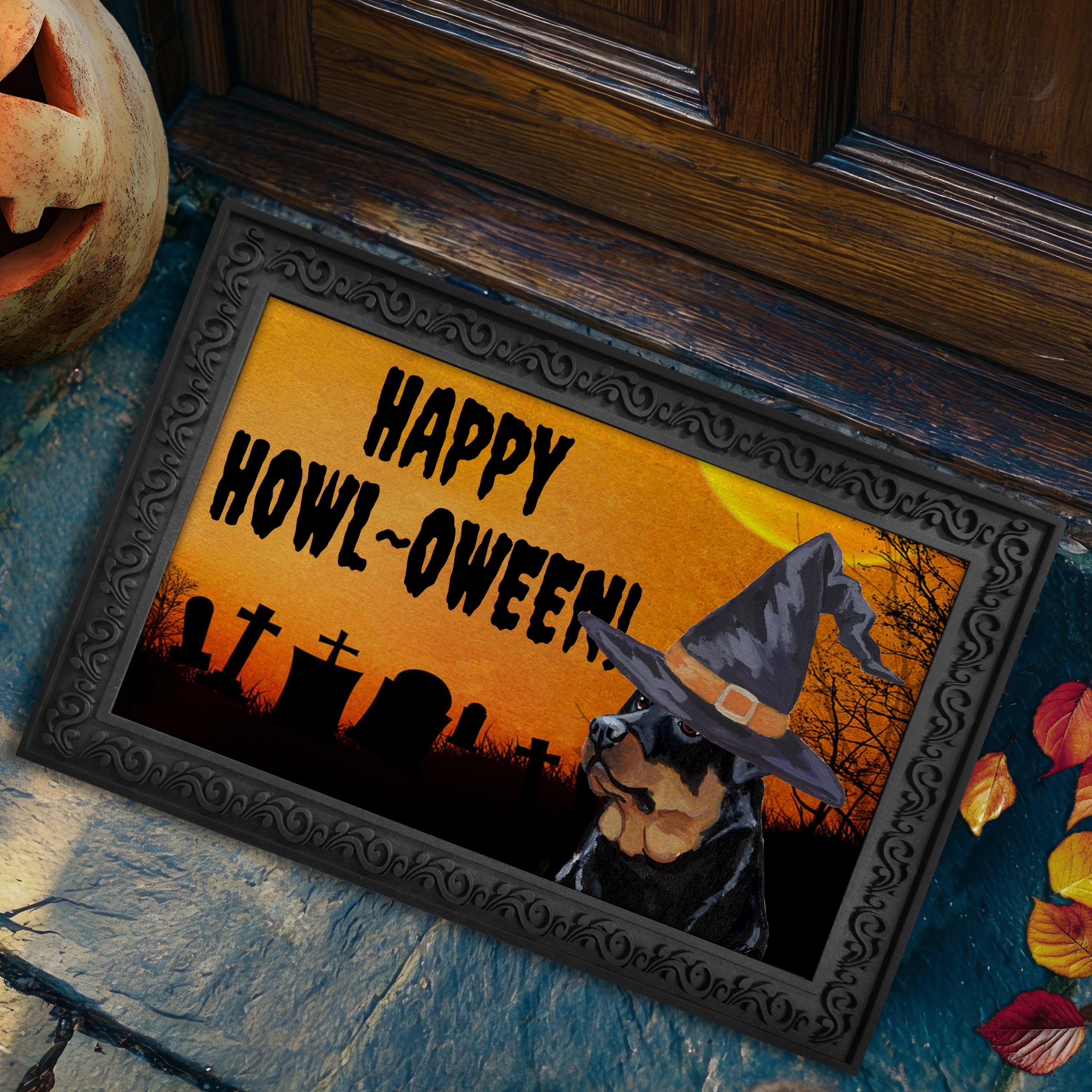Halloween-themed doormat with a Rottweiler wearing a witch hat and 'Happy Howl-Oween!' text.