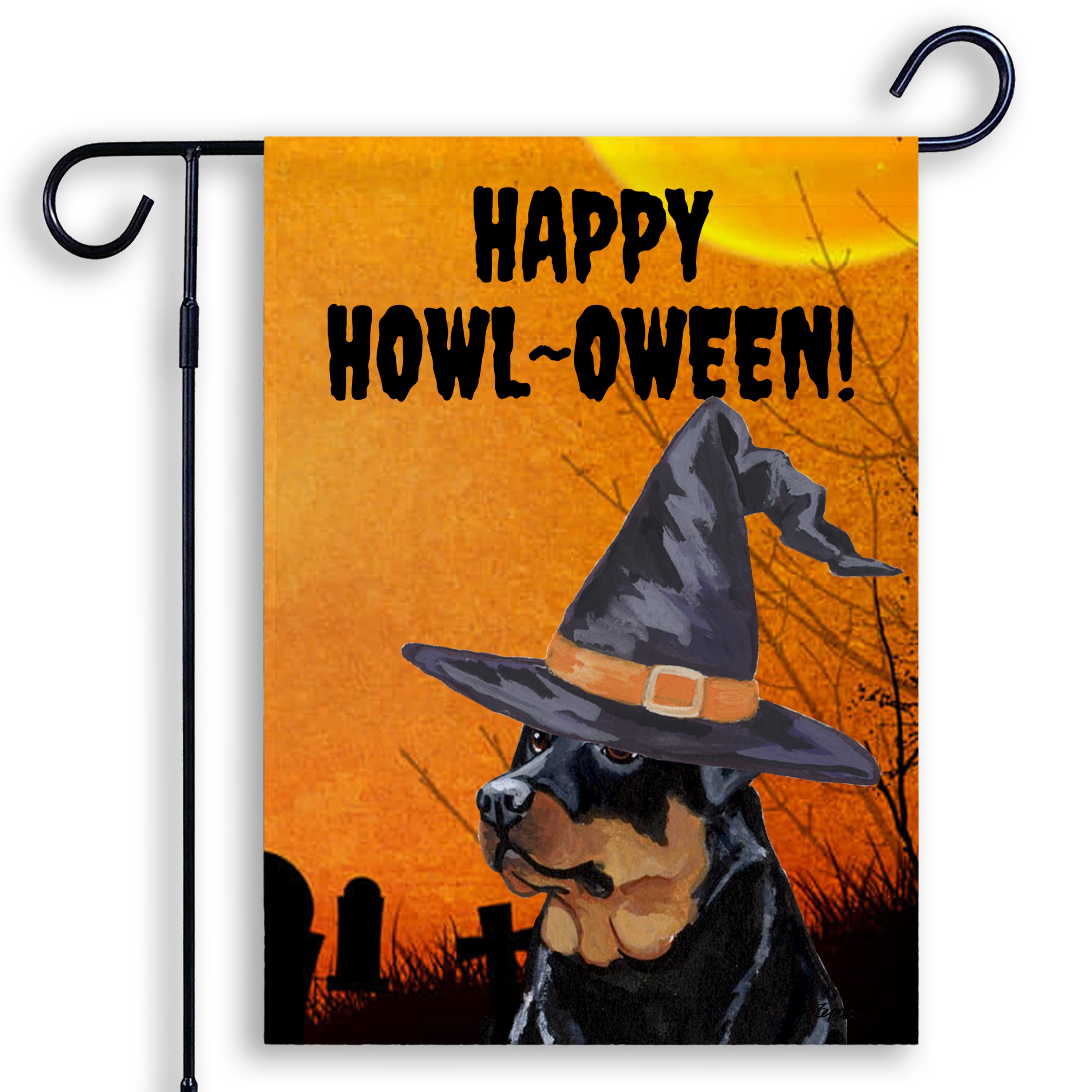 Halloween-themed garden flag with a Rottweiler wearing a witch hat and 'Happy Howl-Oween!' text on an orange background.