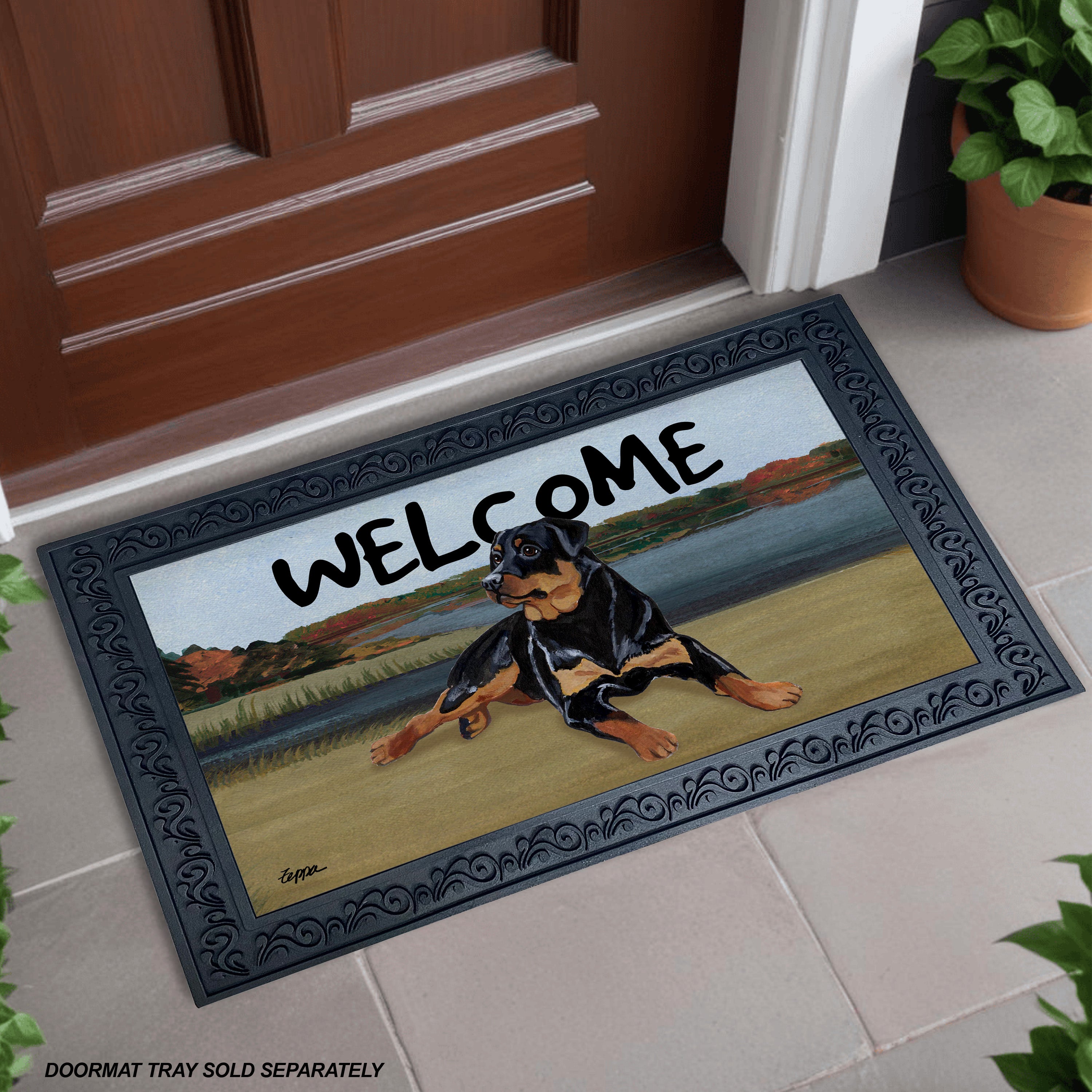 Rottweiler Lake Scene Welcome Mat