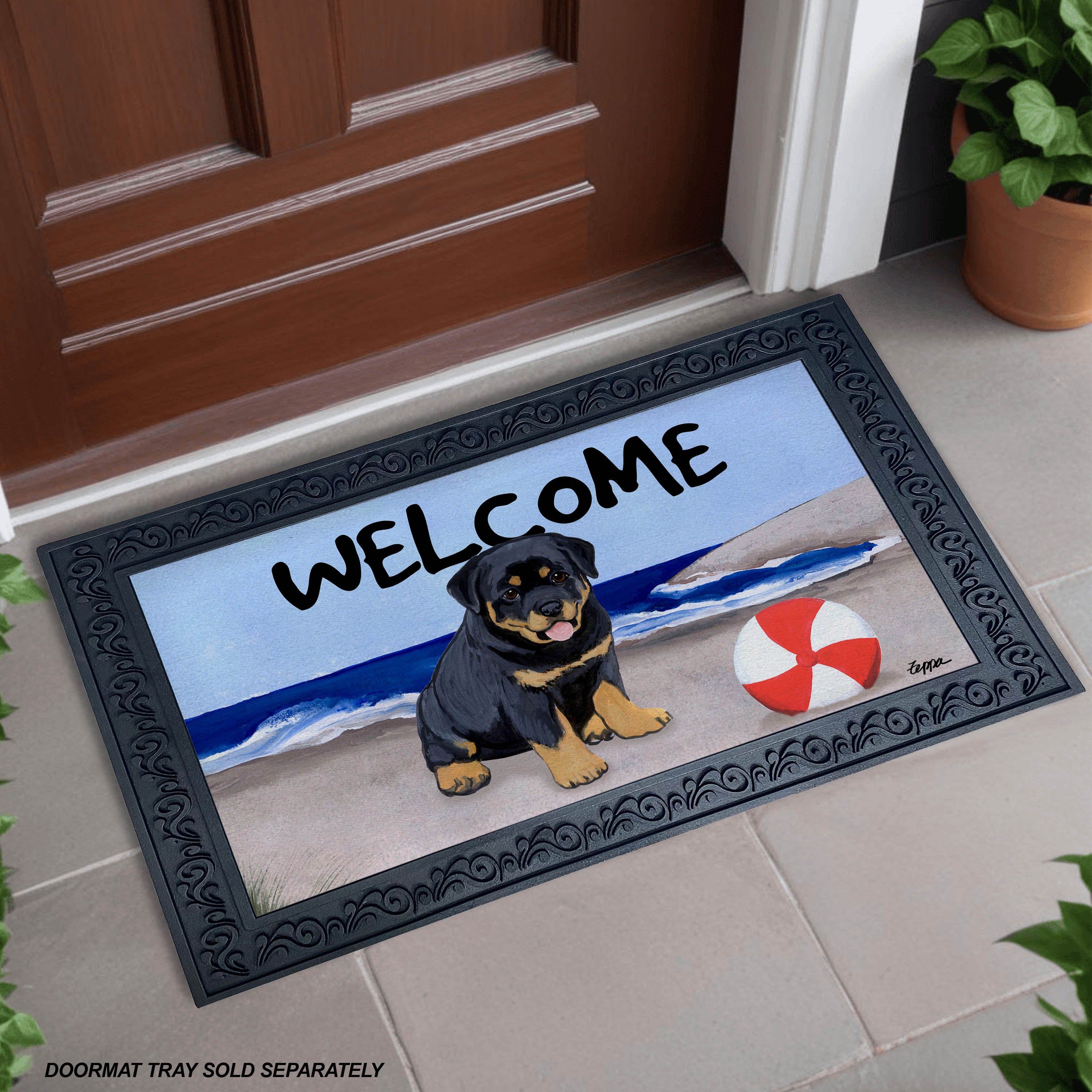 Rottweiler Puppy Beach Scene Welcome Mat