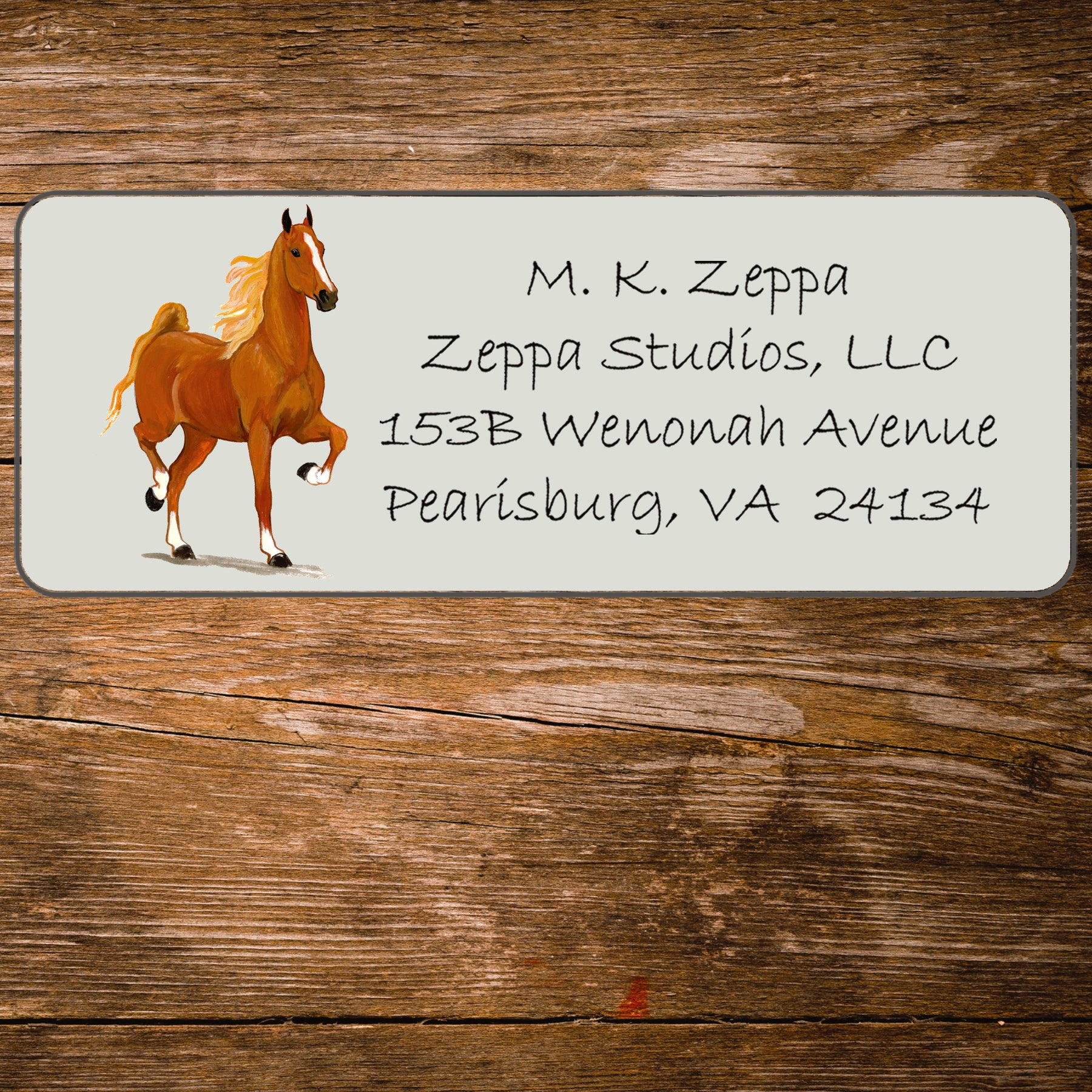 Address label with a Saddlebred Horse illustration on a wooden background