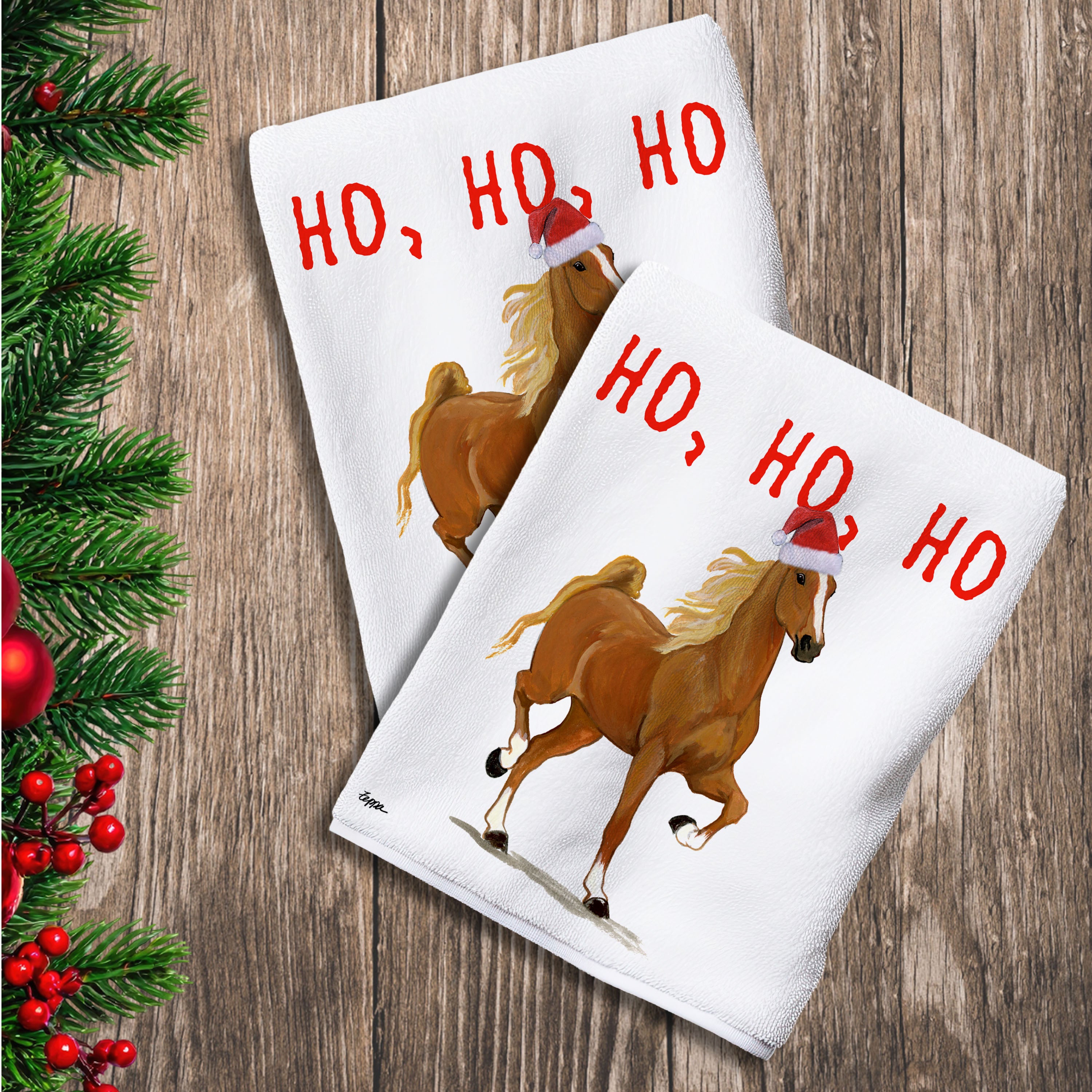 2 Kitchen Towels with a Saddlebred horse in a Santa Hat with  Ho Ho Ho text.