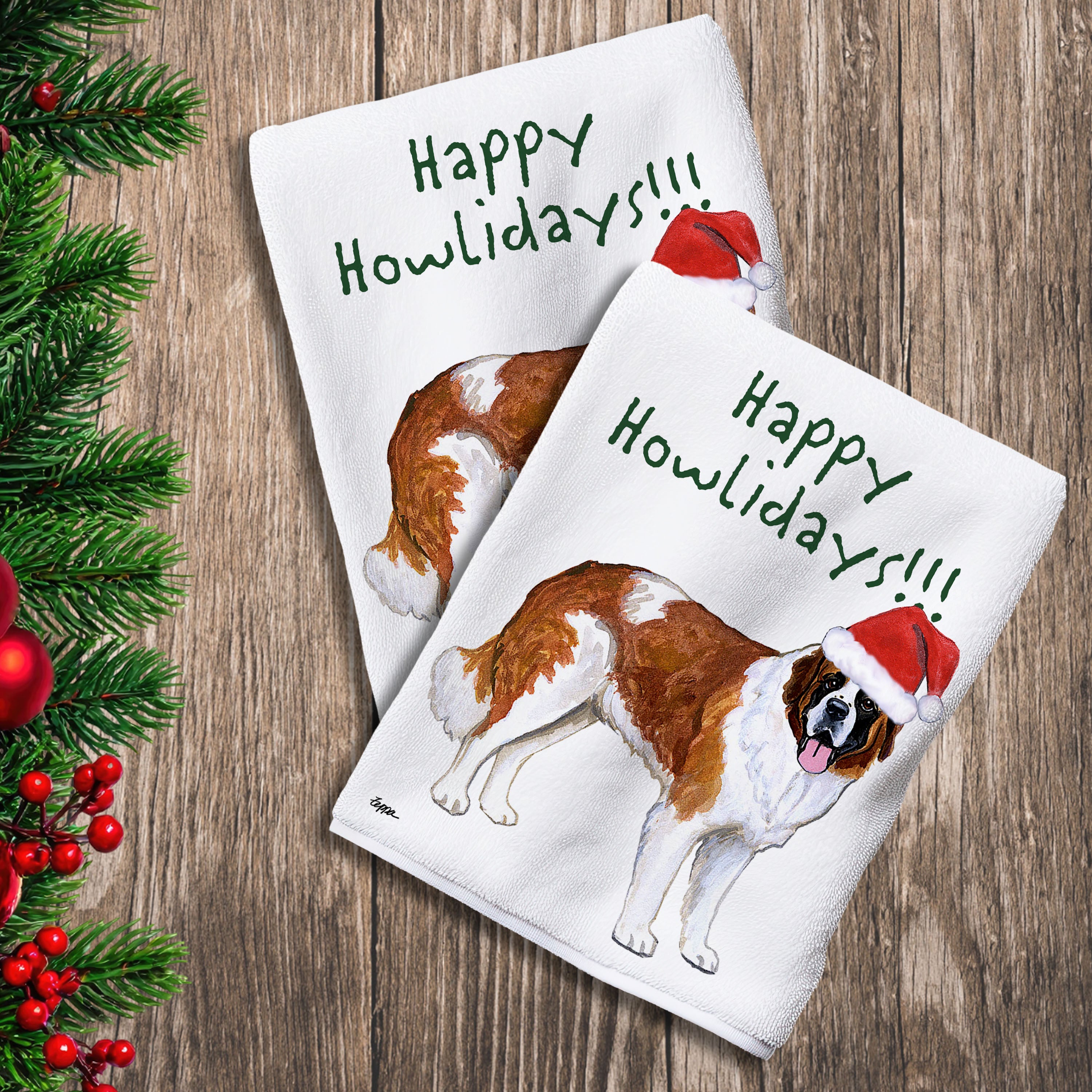 2 Kitchen Towels with a Saint Bernard in a Santa Hat and Happy Howlidays text.
