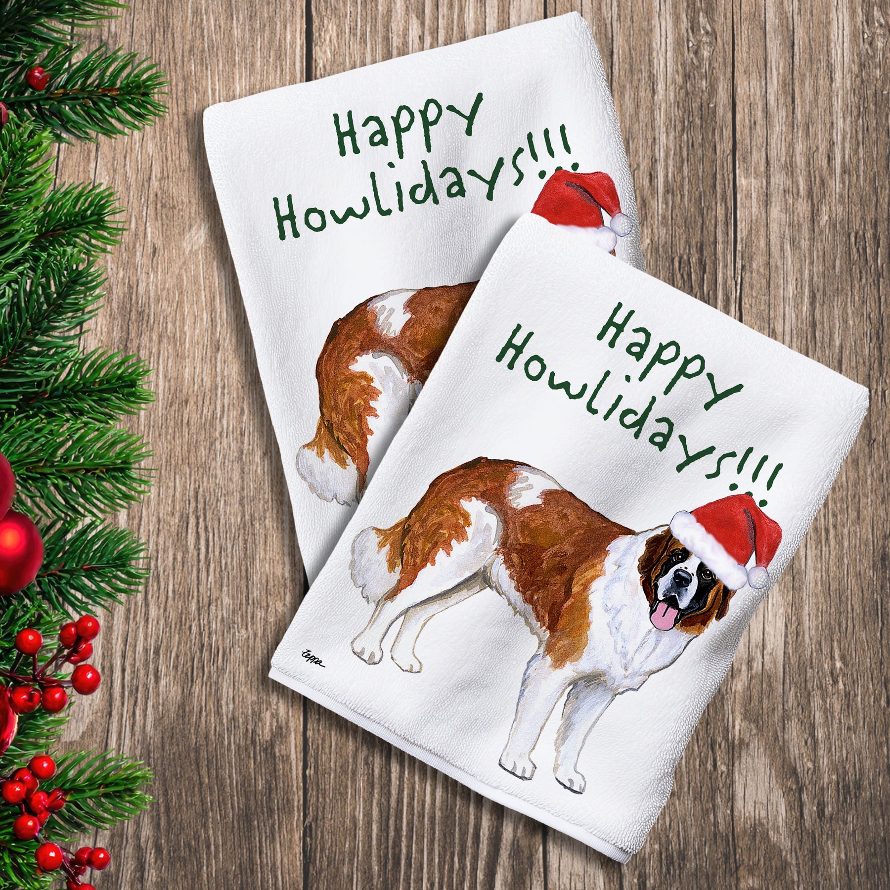 2 Kitchen Towels with a Saint Bernard in a Santa Hat and Happy Howlidays text.
