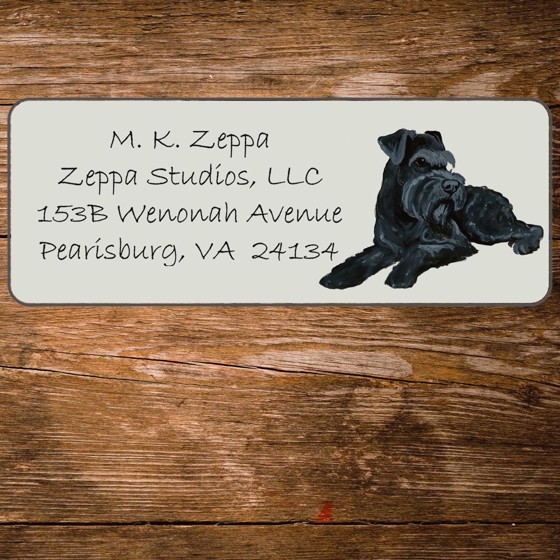 Return address label with a Schnauzer illustration.