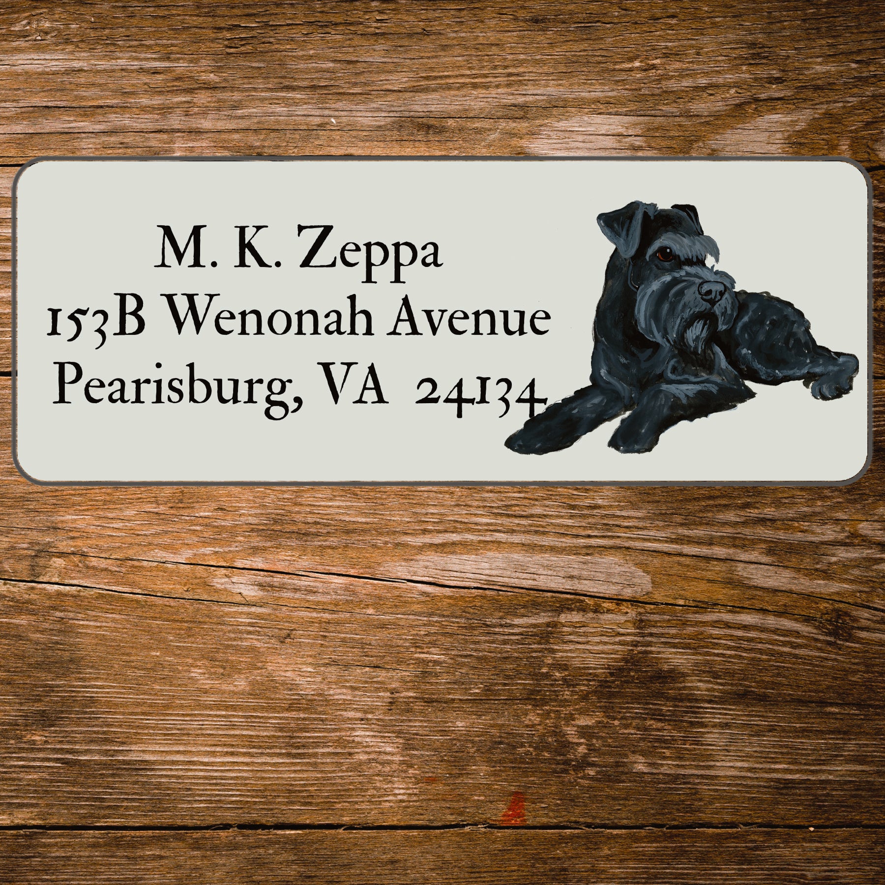 Return address label with a Schnauzer illustration.
