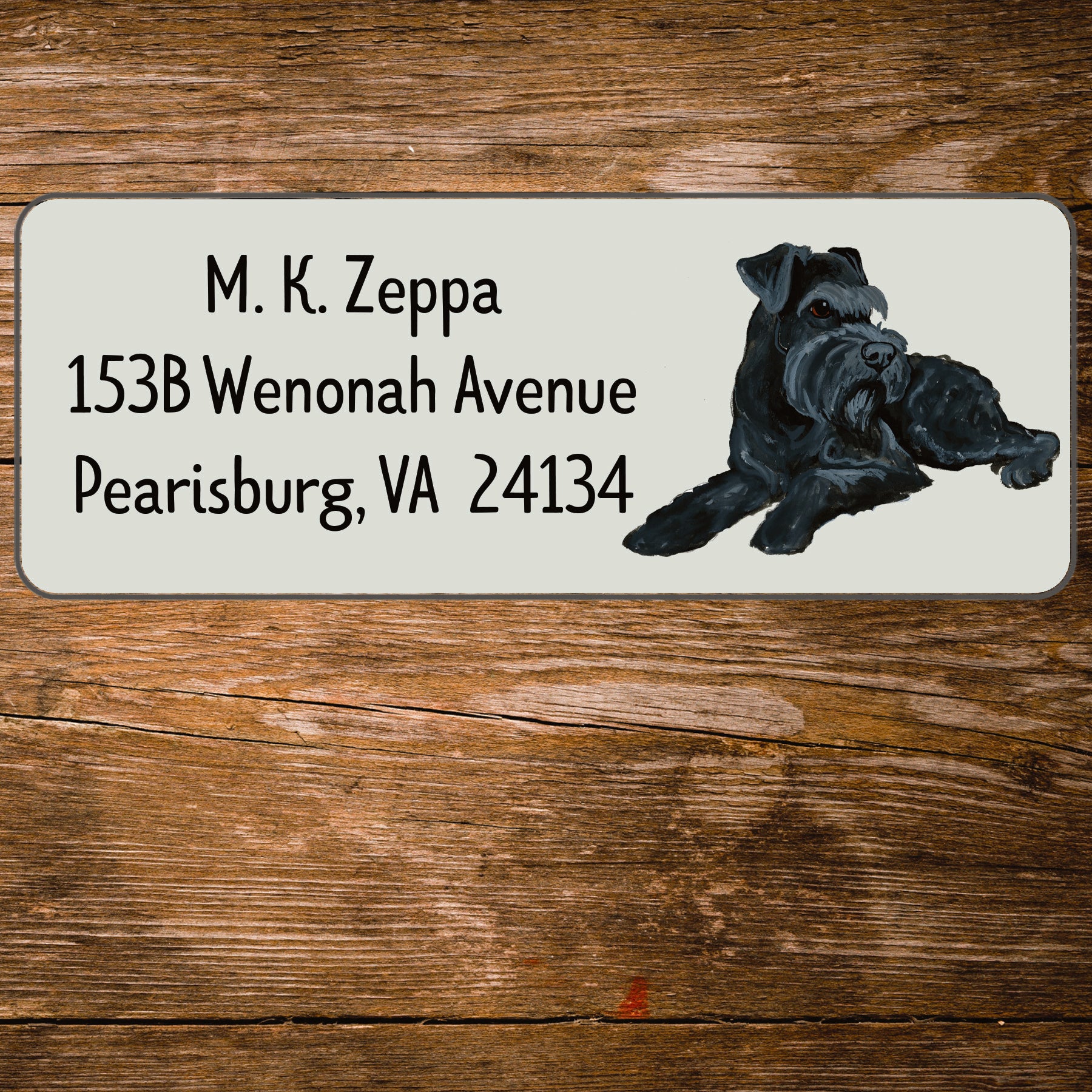Return address label with a Schnauzer illustration.