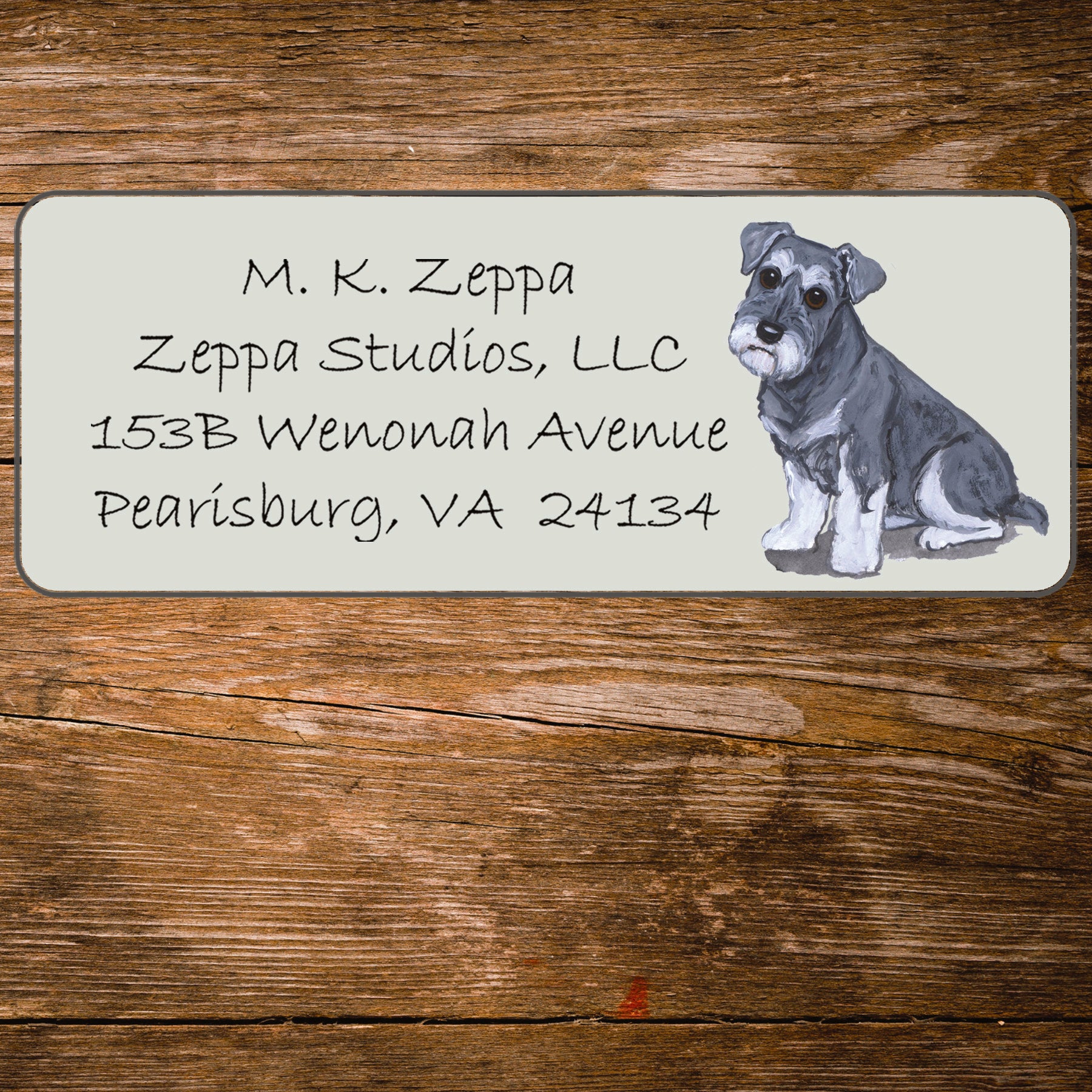 Return address label with a Schnauzer illustration.
