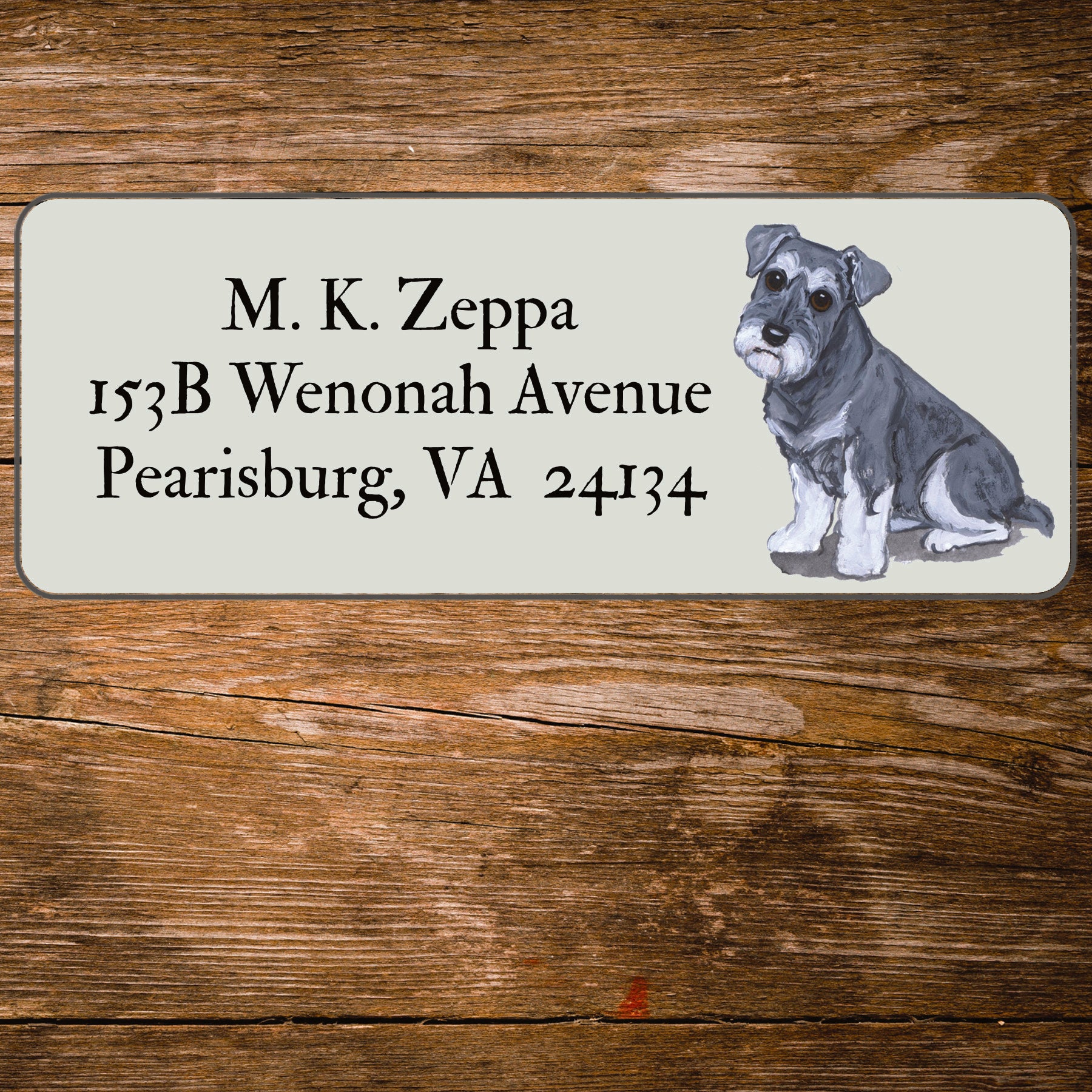 Return address label with a Schnauzer illustration.