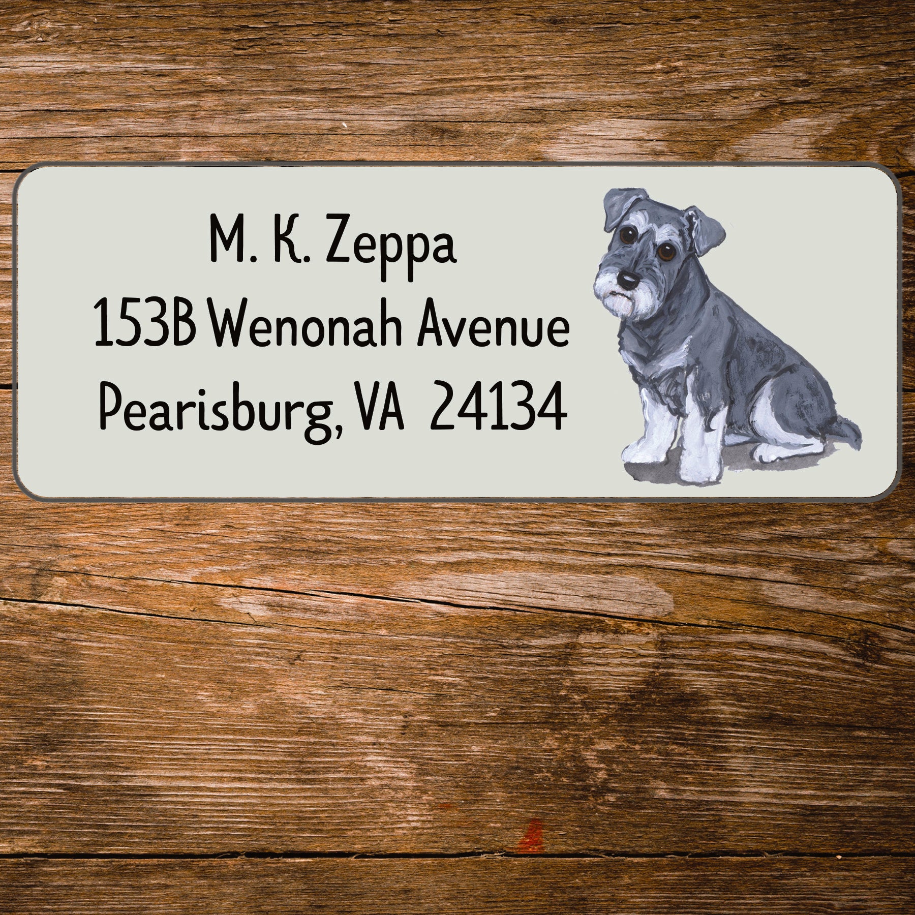 Return address label with a Schnauzer illustration.