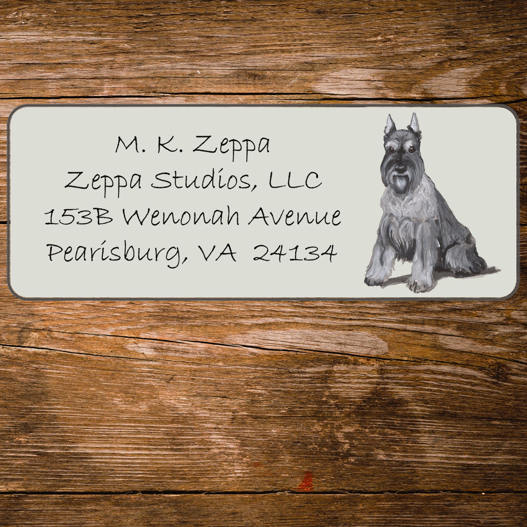 Return address label with a Schnauzer illustration.