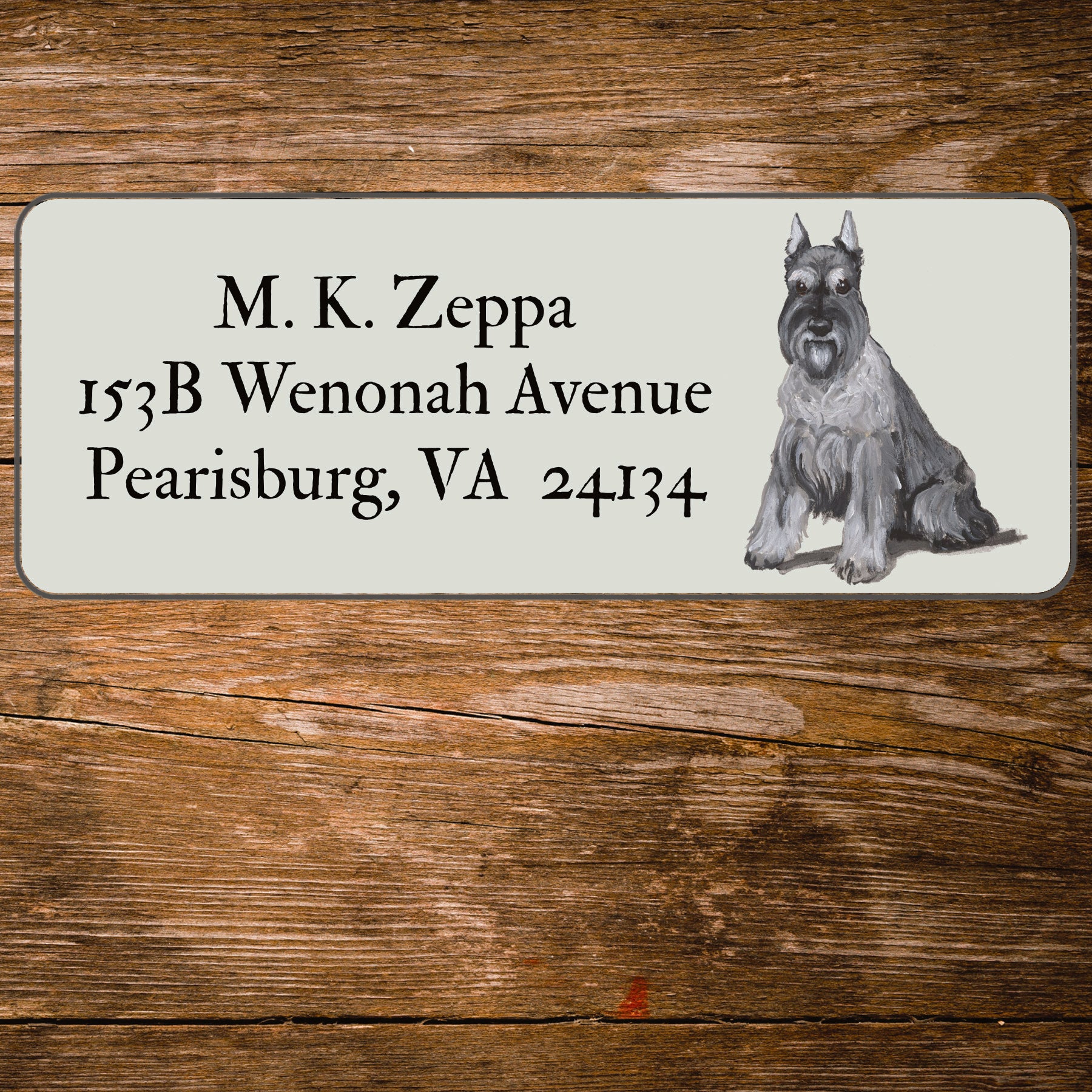 Return address label with a Schnauzer illustration.