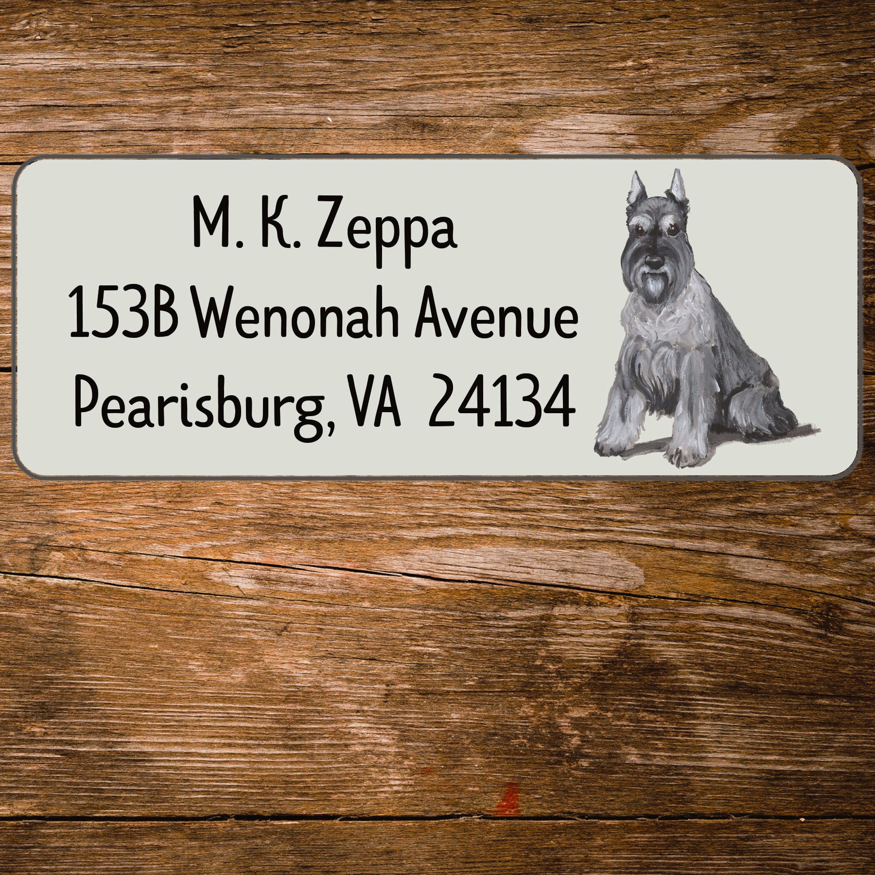 Return address label with a Schnauzer illustration.