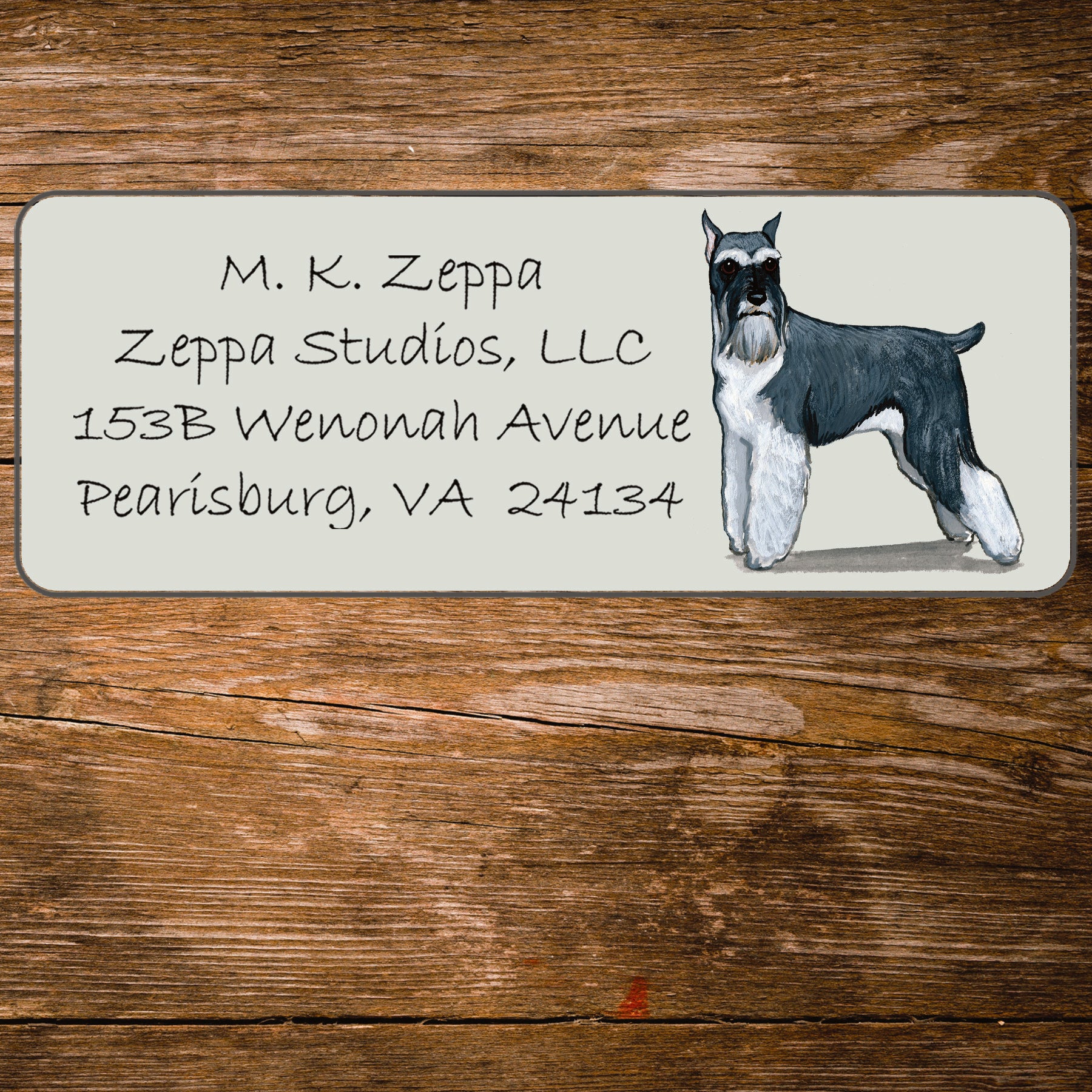 Return address label with a Schnauzer illustration.