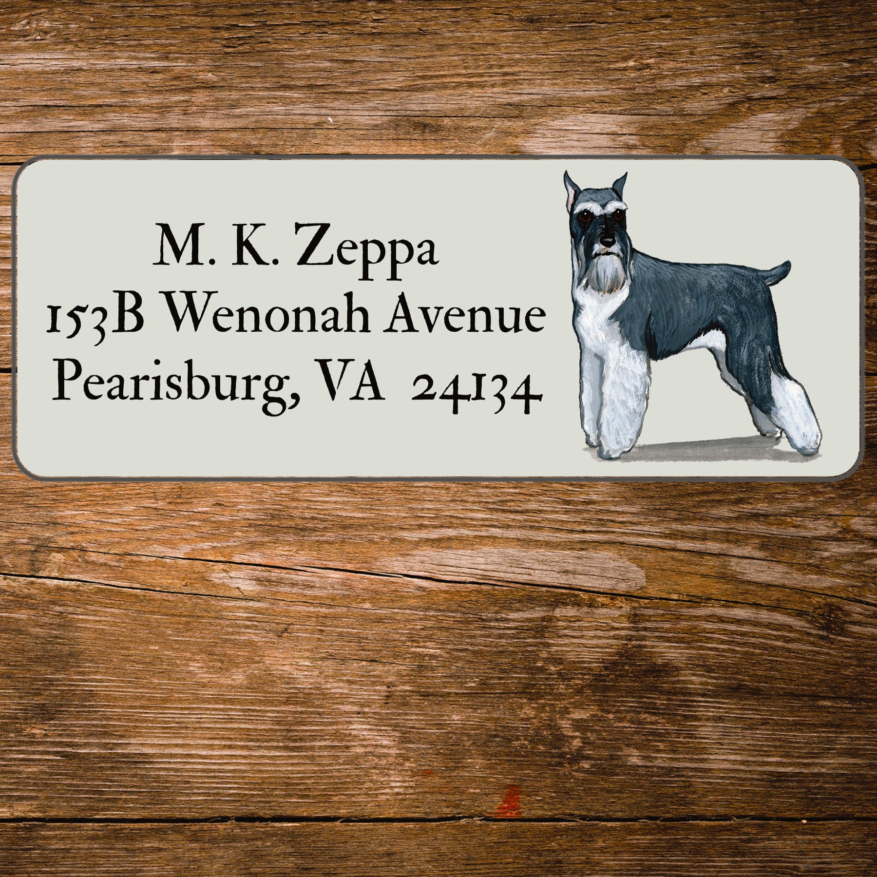 Return address label with a Schnauzer illustration.